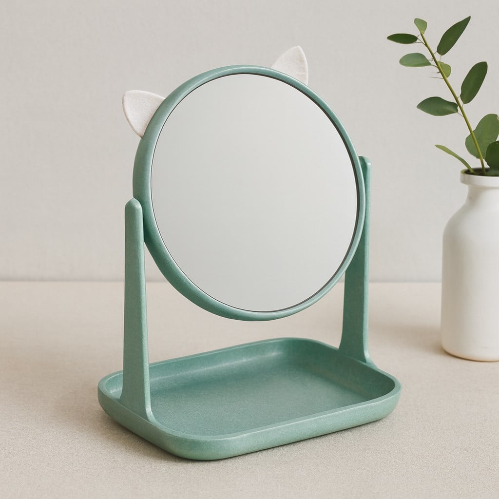 Yuvarlak 15 cm Plastik Makyaj Aynası (Kulaklı, Sepetli)