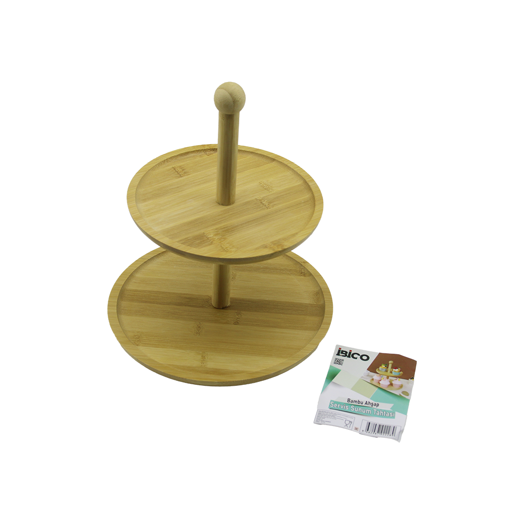 Yuvarlak 2 Katlı Ahşap Bambu Servis Sunumluğu 20/25 cm