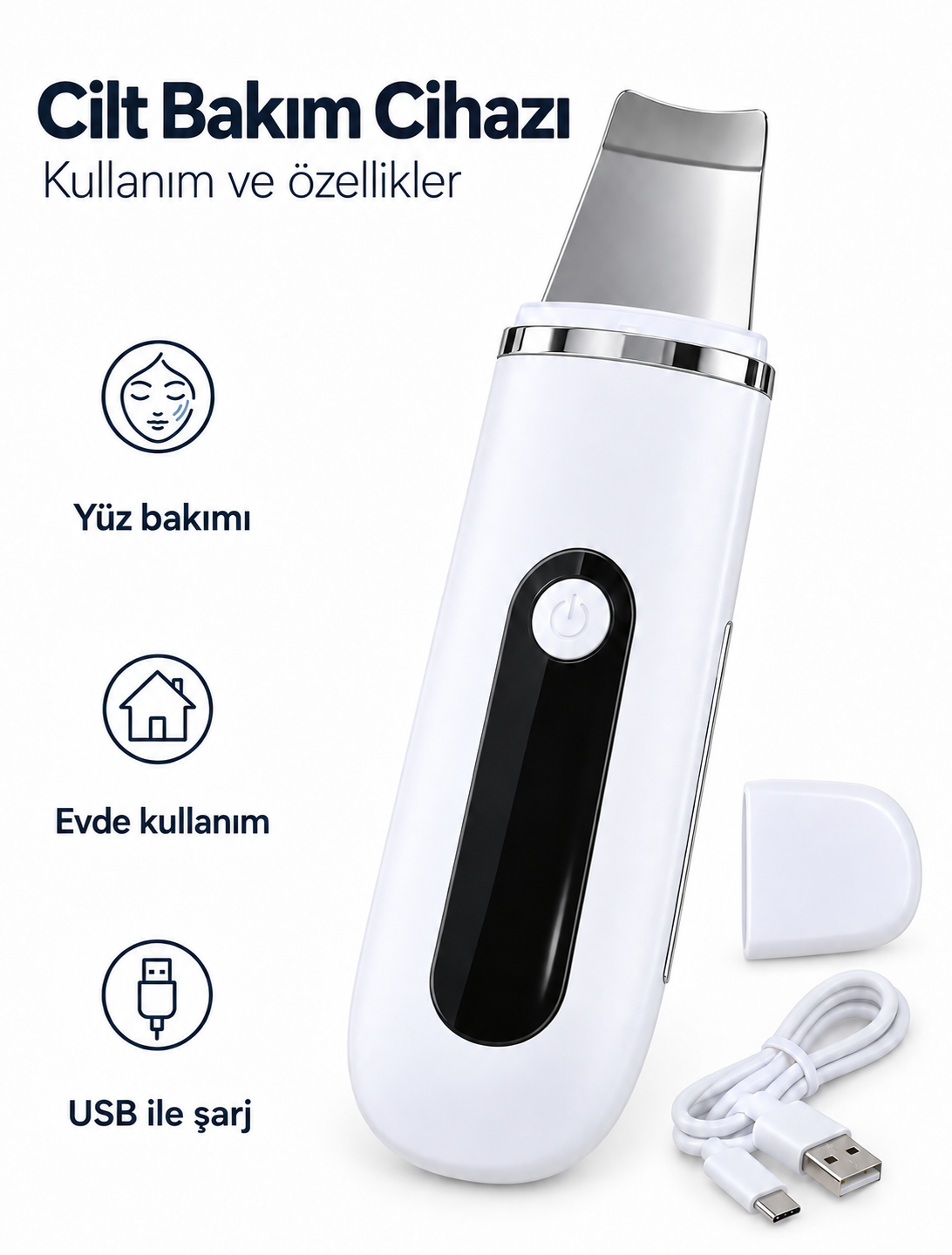 Yüz Bakım Rutini İçin Metal Uçlu USB Şarjlı Beyaz Cilt Bakım Cihazı
