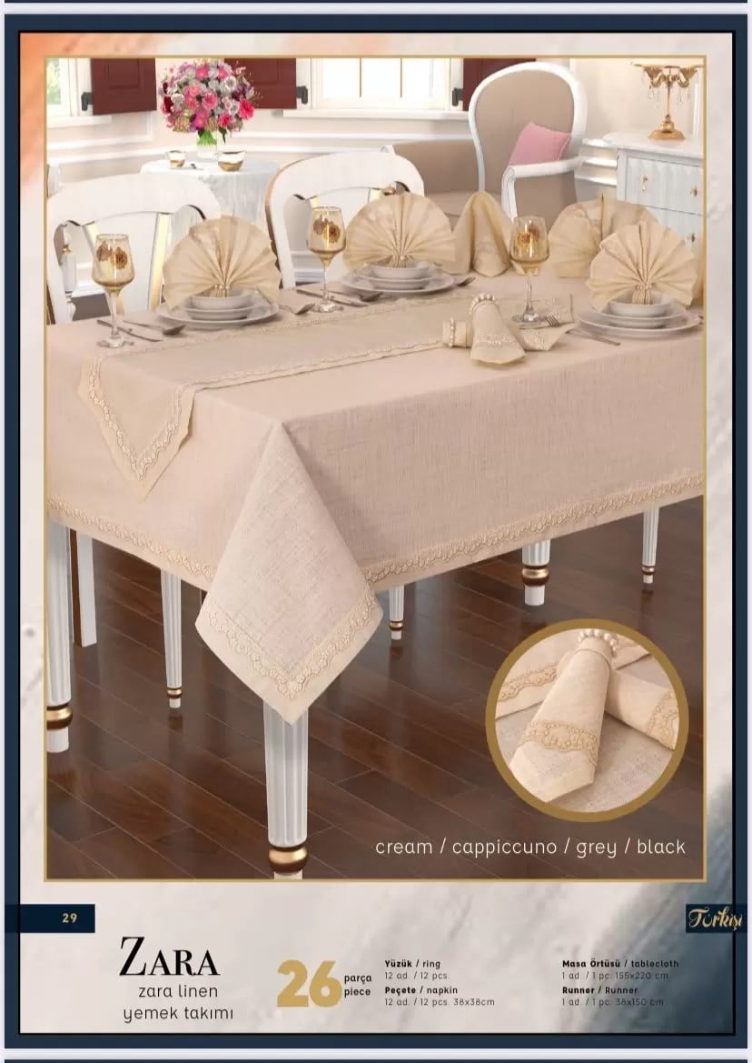 Zara Linen 12 Kişilik 26 Parça 155 × 220 cm Premium Sofra Takımı