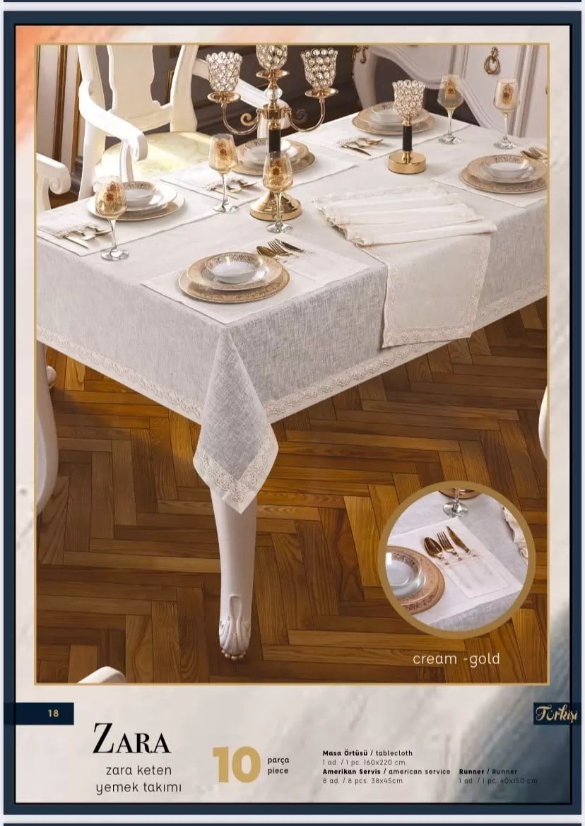 Zara Linen Yemek Takımı Masa Seti 12 Kişilik 26 Parça 160 × 220 cm Runner Set Krem