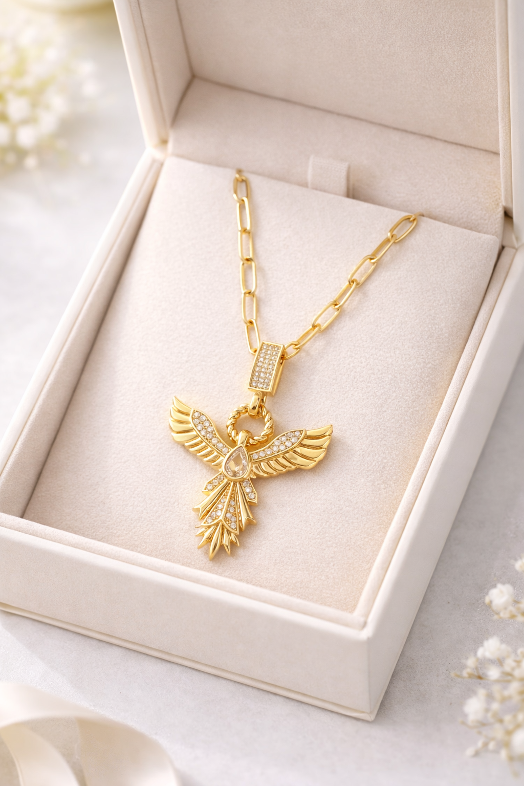 Zirkon Taşlı Anka Kuşu Figürlü Gold Ataç Zincir Çelik Kolye MODEL 13 – Kararmaz, Güçlü ve Şık Tasarım