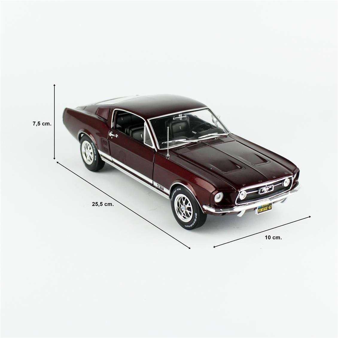AutoWorld AMM1309 1/1/ Ölçek, 1967 Ford Mustang GT 2+2, Burgundy, Sergilemeye Hazır Metal Araba Modeli