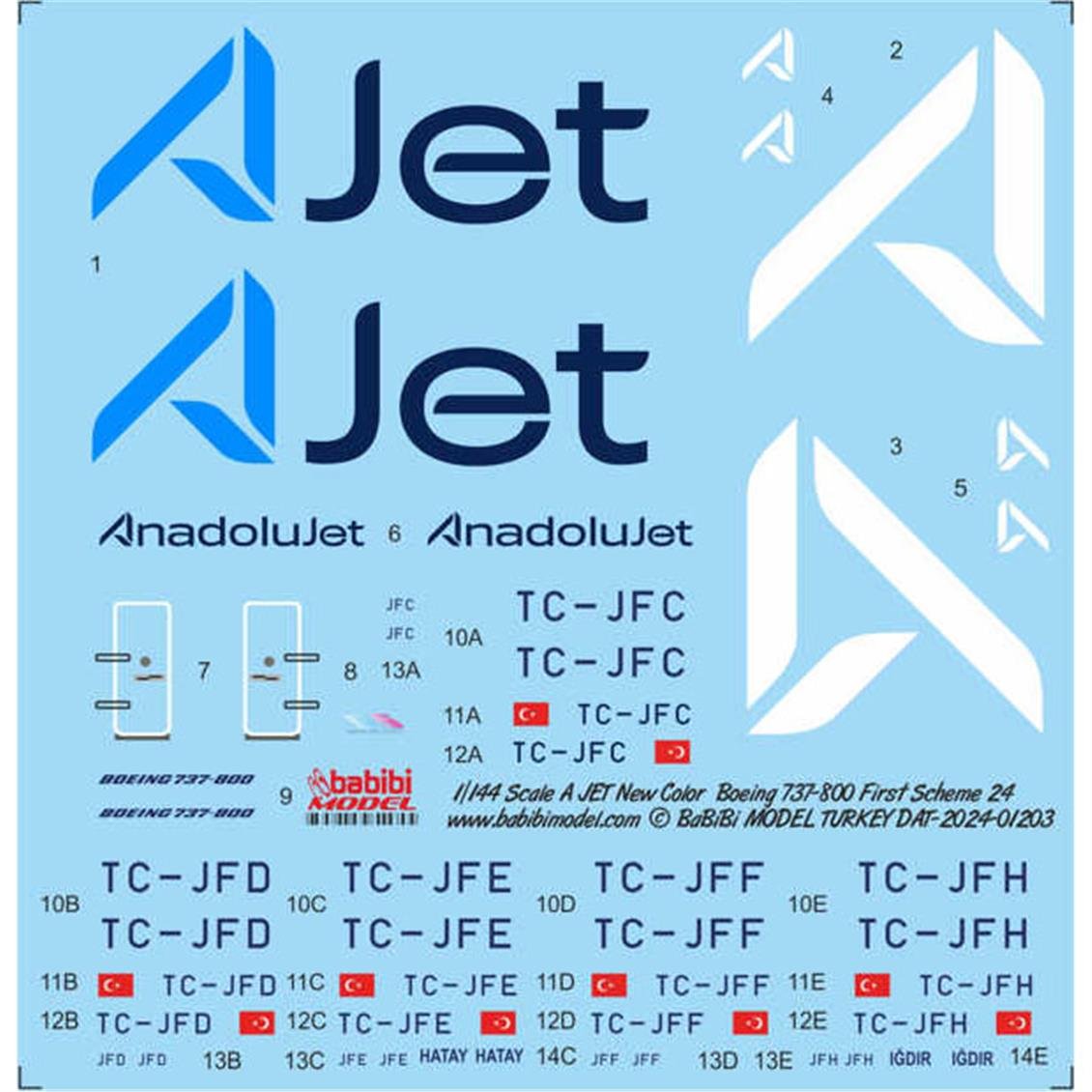Babibi DAT01203 1/144 A Jet Boeing 737-800 Filo Şema-1 Decal Çıkartma