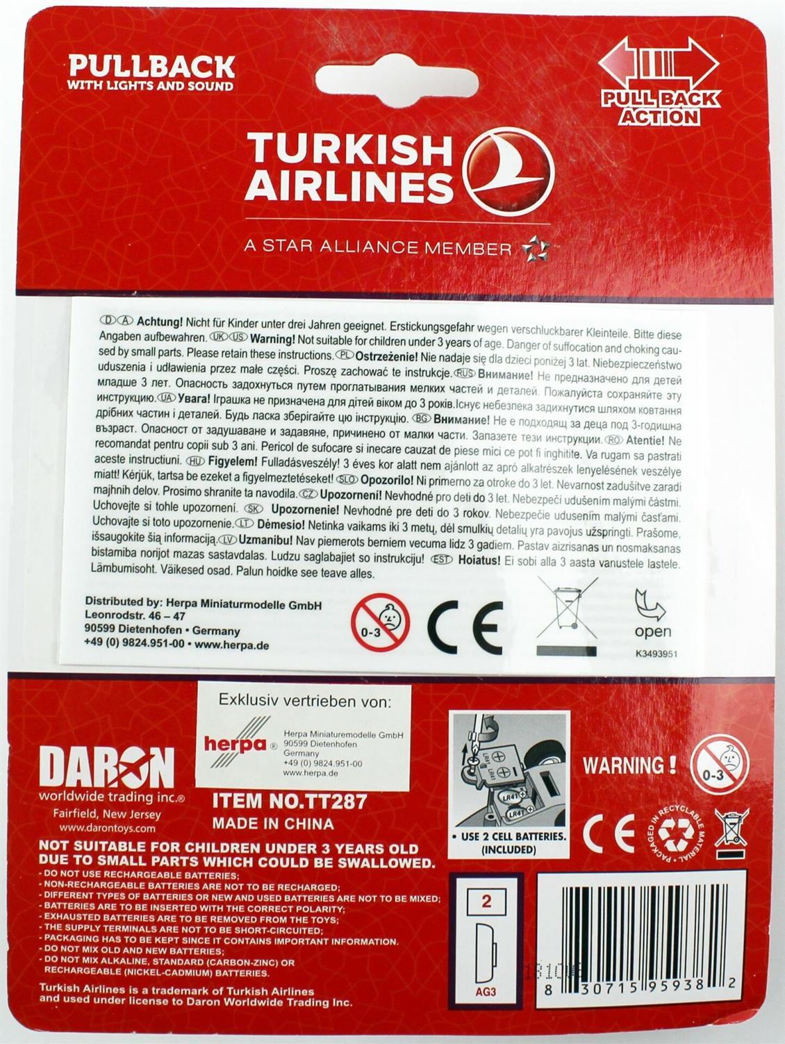 Daron 86TT-287 Türk Havayolları Logolu, Işıklı ve Sesli Çek-Bırak Uçak