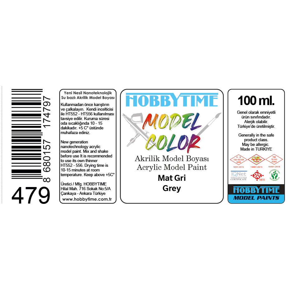 Hobbytime 479 100 ml. Mat Gri (Grey ), Akrilik Model Boyası
