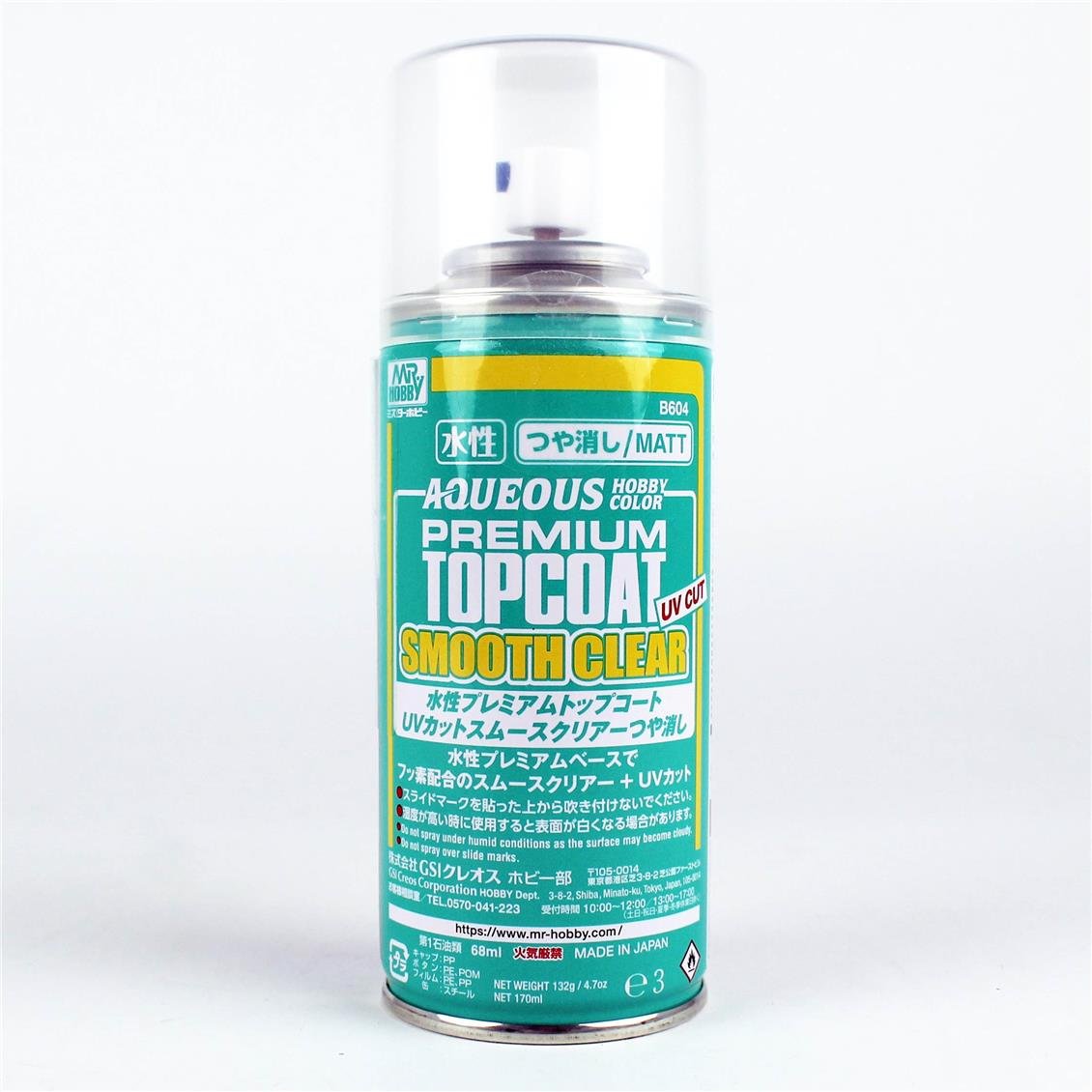 Mr.Hobby B-604 170 ml. Mr.Premium Son Kat Mat Vernik, UV-Cut Smooth Clear, Sprey Model Boyası