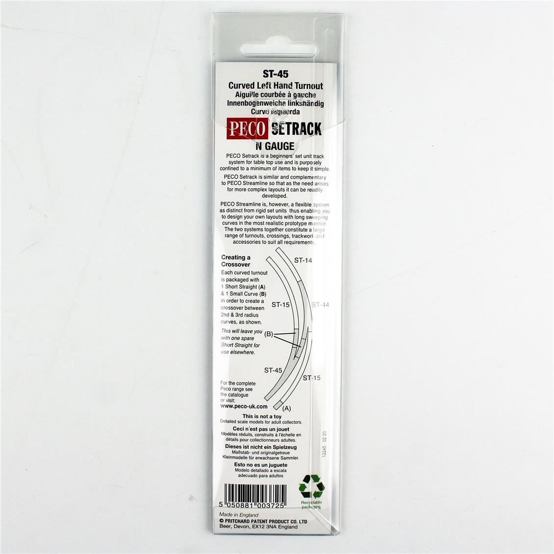 Peco ST-45 Code 80 1/160 Ölçek, 156 mm. Çap, Sola Dönüşlü Makas, Model Tren Ray
