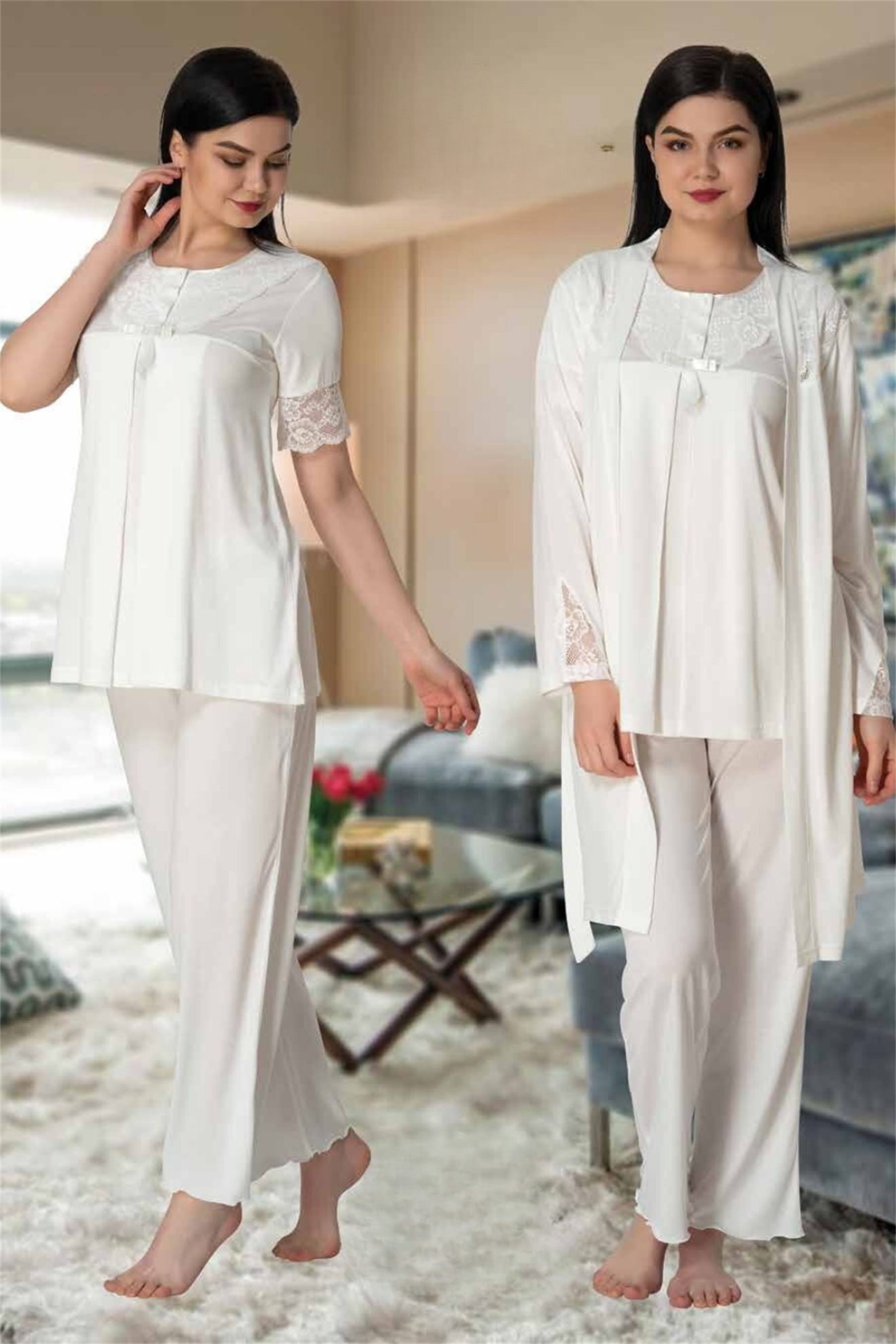 Adola Model Ekru Sabahlıklı Lohusa Pijama