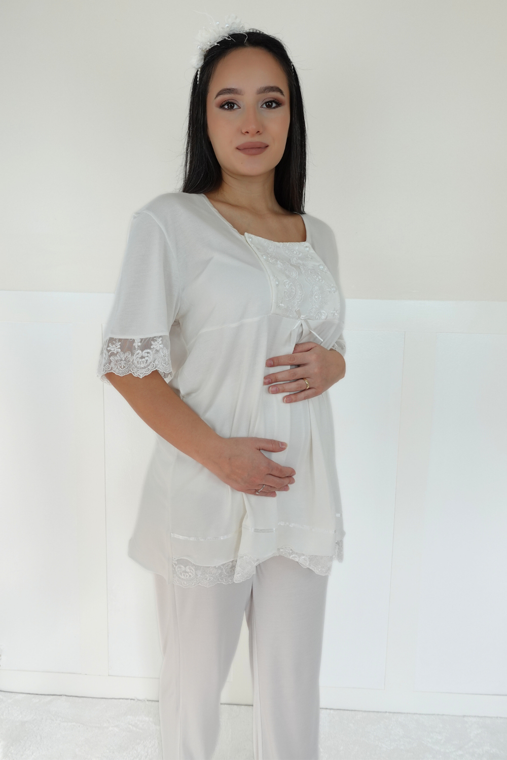 Akel Ekru Sabahlıklı Lohusa Pijama