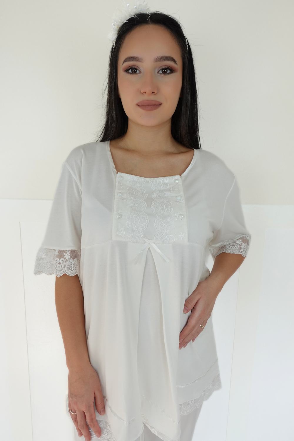 Akel Ekru Sabahlıklı Lohusa Pijama