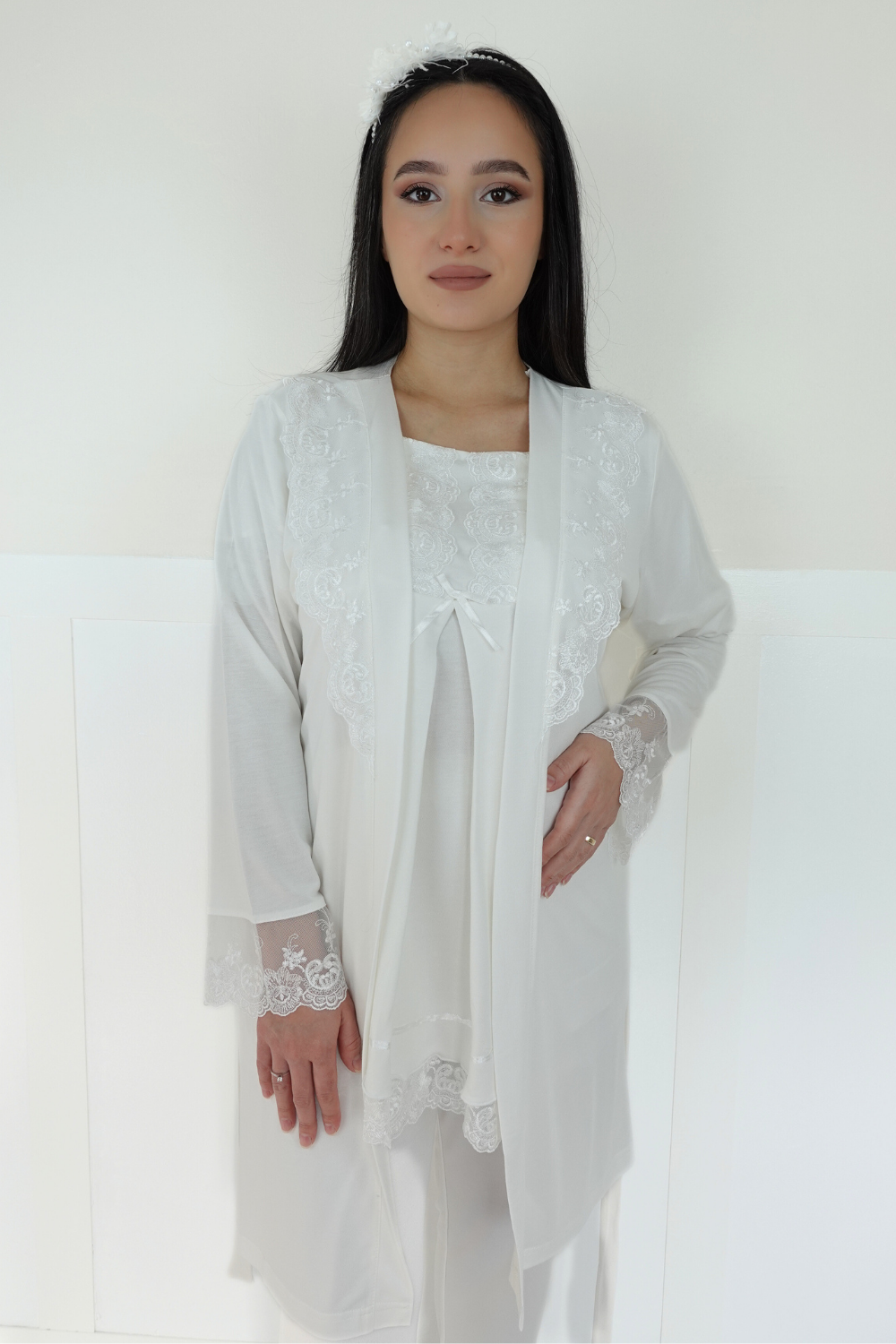 Akel Ekru Sabahlıklı Lohusa Pijama
