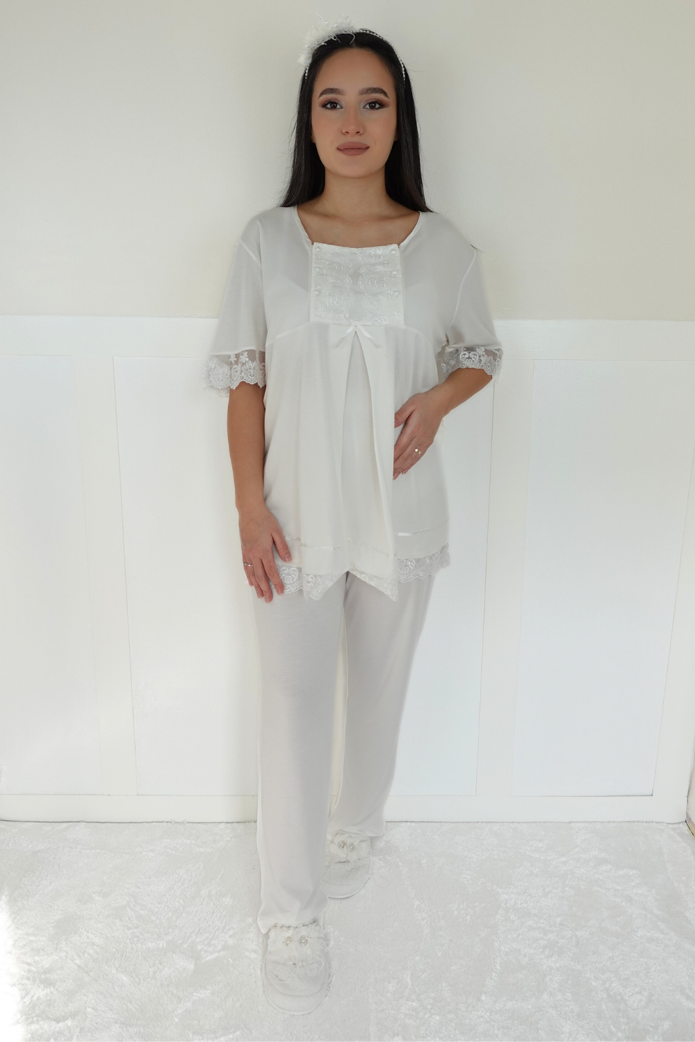 Akel Ekru Sabahlıklı Lohusa Pijama