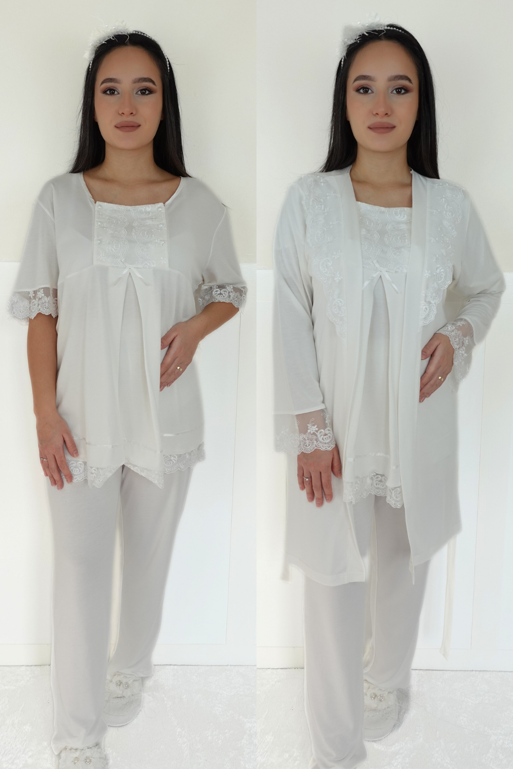 Akel Ekru Sabahlıklı Lohusa Pijama