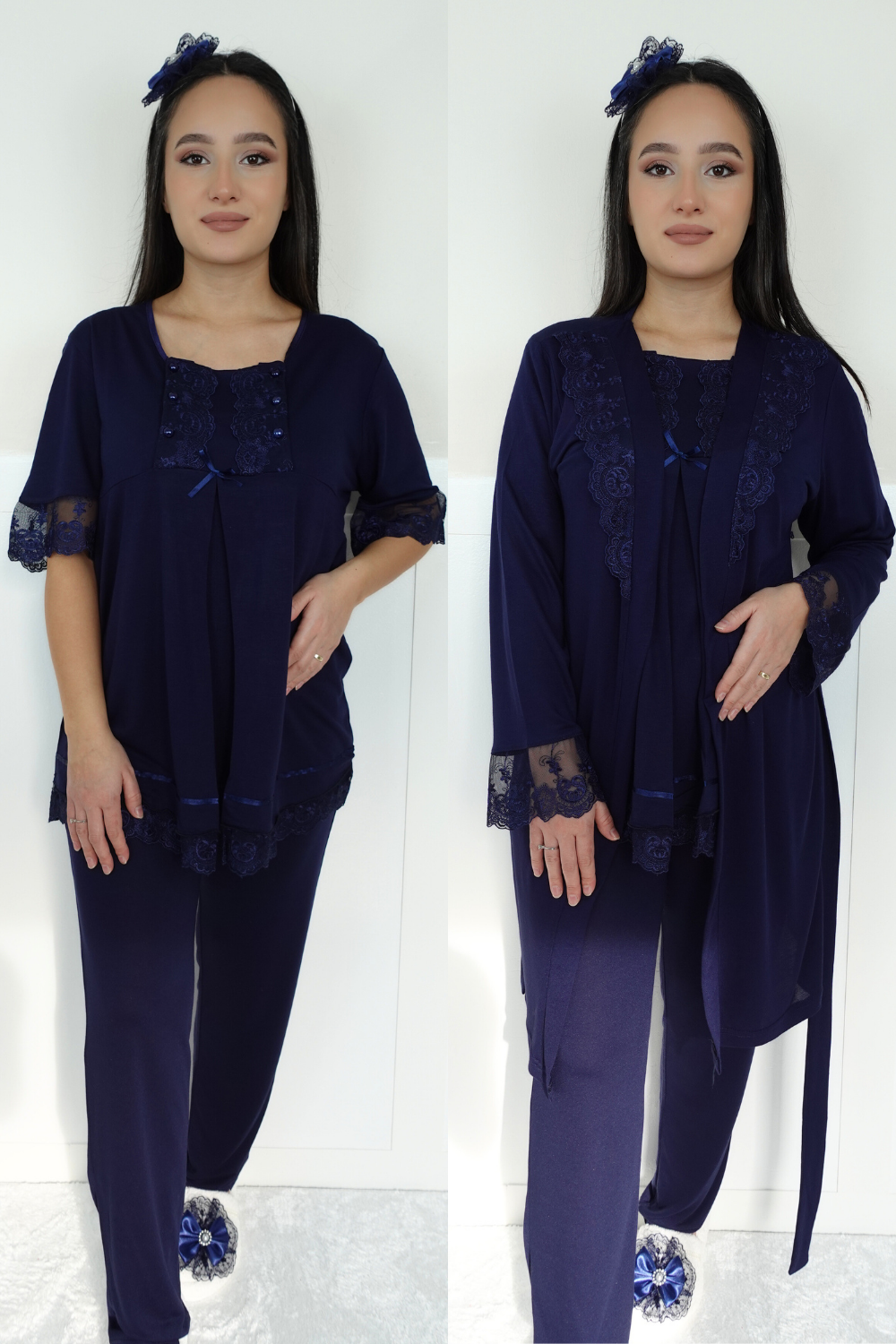 Akel Lacivert Sabahlıklı Lohusa Pijama