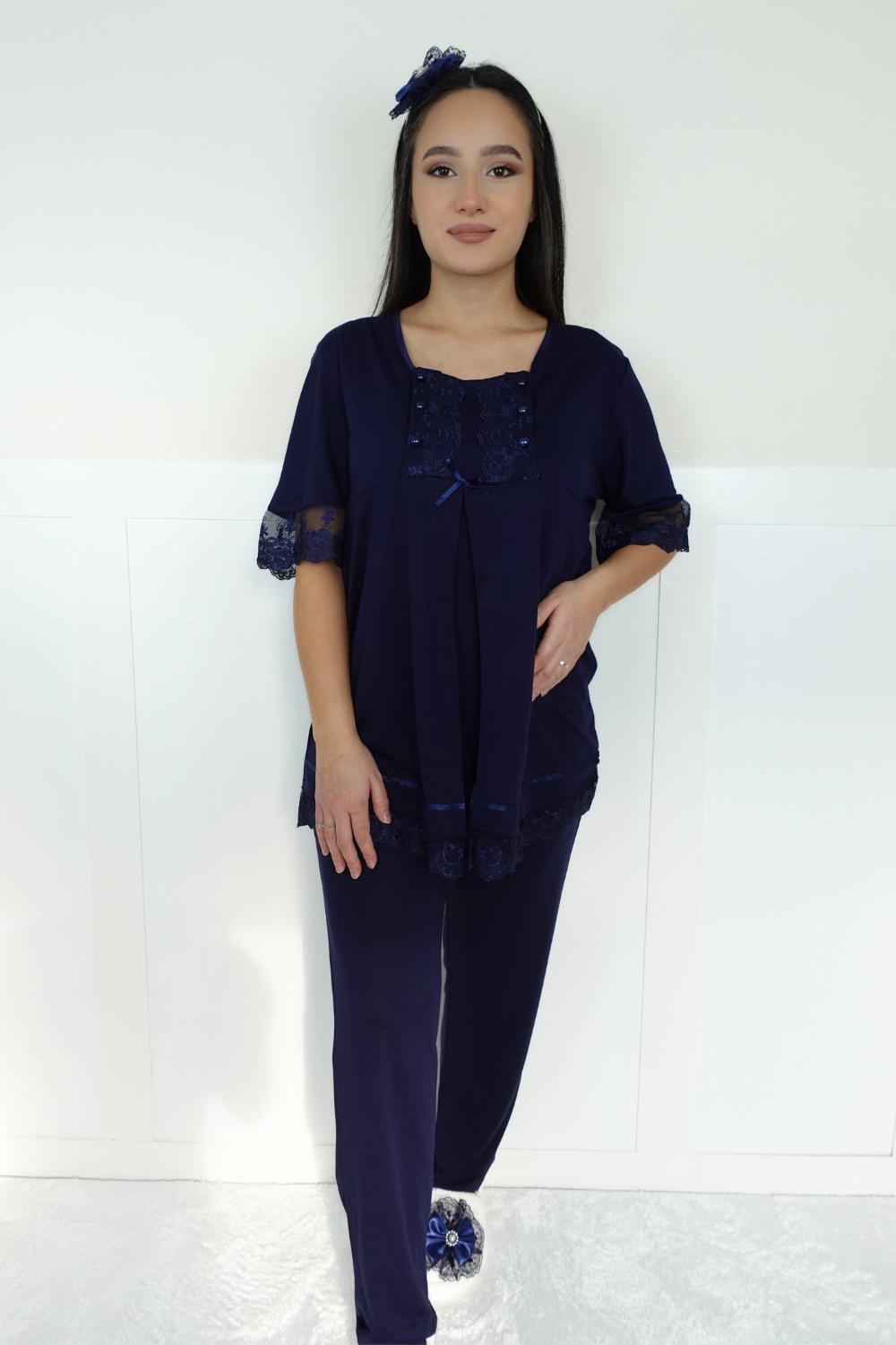 Akel Lacivert Sabahlıklı Lohusa Pijama