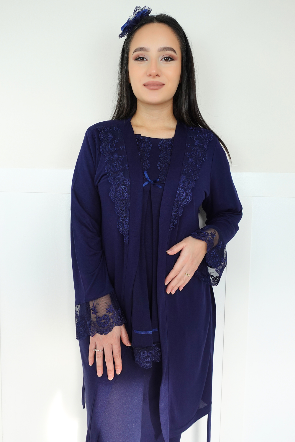Akel Lacivert Sabahlıklı Lohusa Pijama