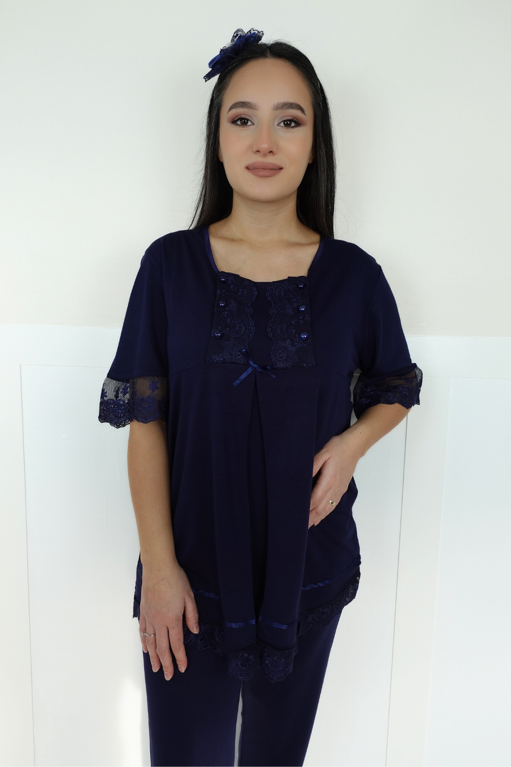 Akel Lacivert Sabahlıklı Lohusa Pijama