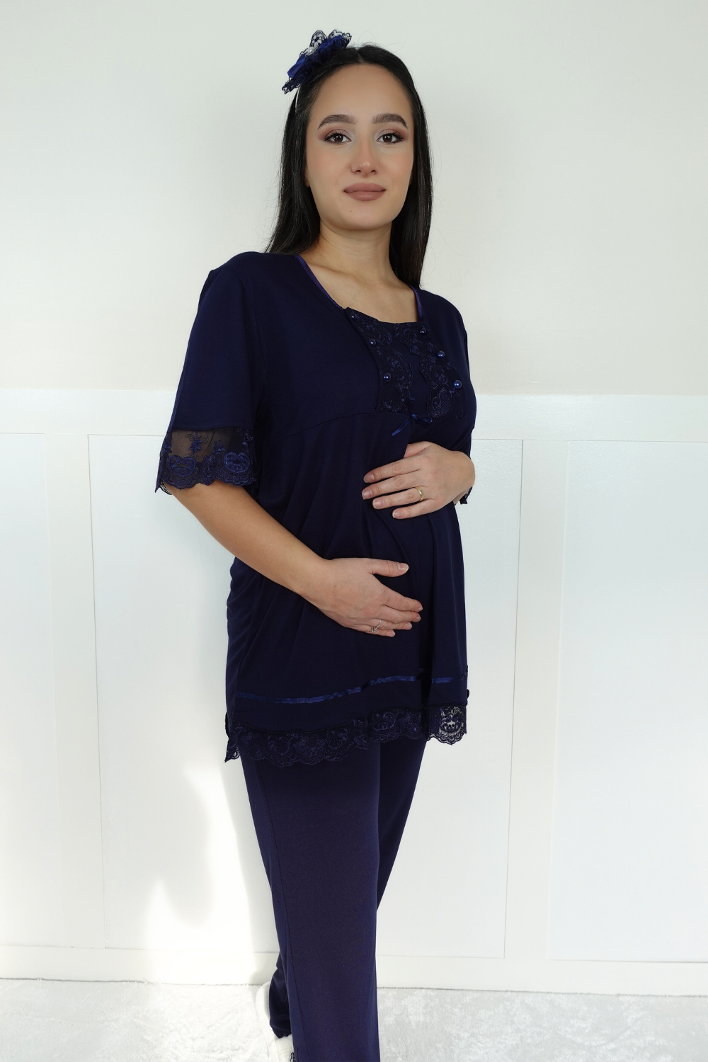 Akel Lacivert Sabahlıklı Lohusa Pijama