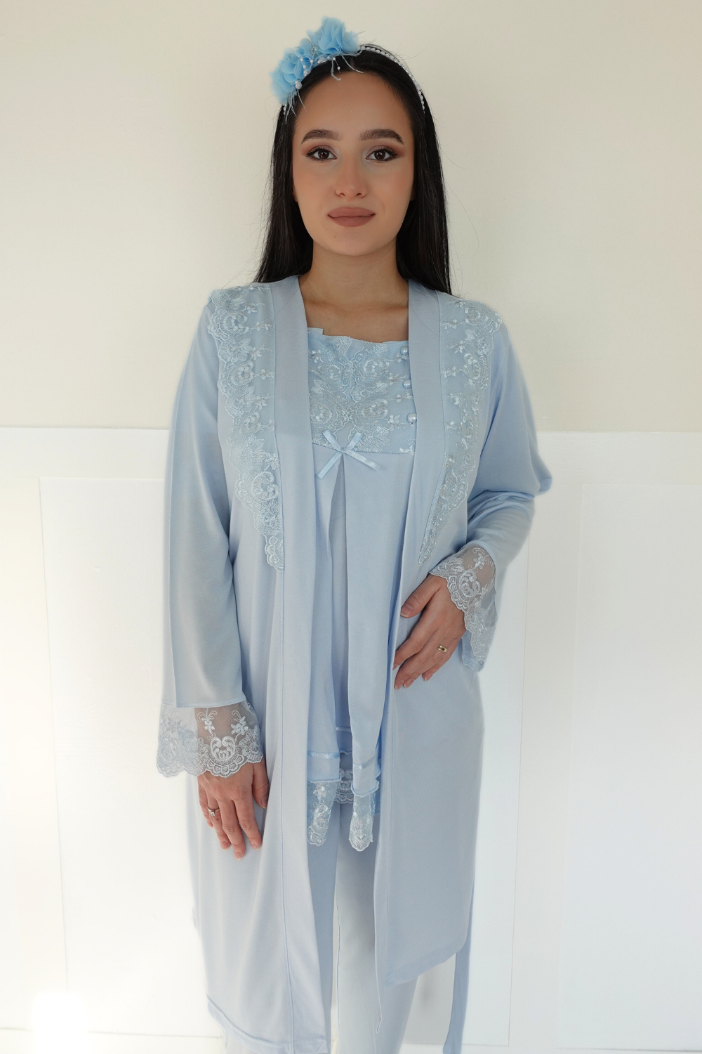 Akel Mavi Sabahlıklı Lohusa Pijama