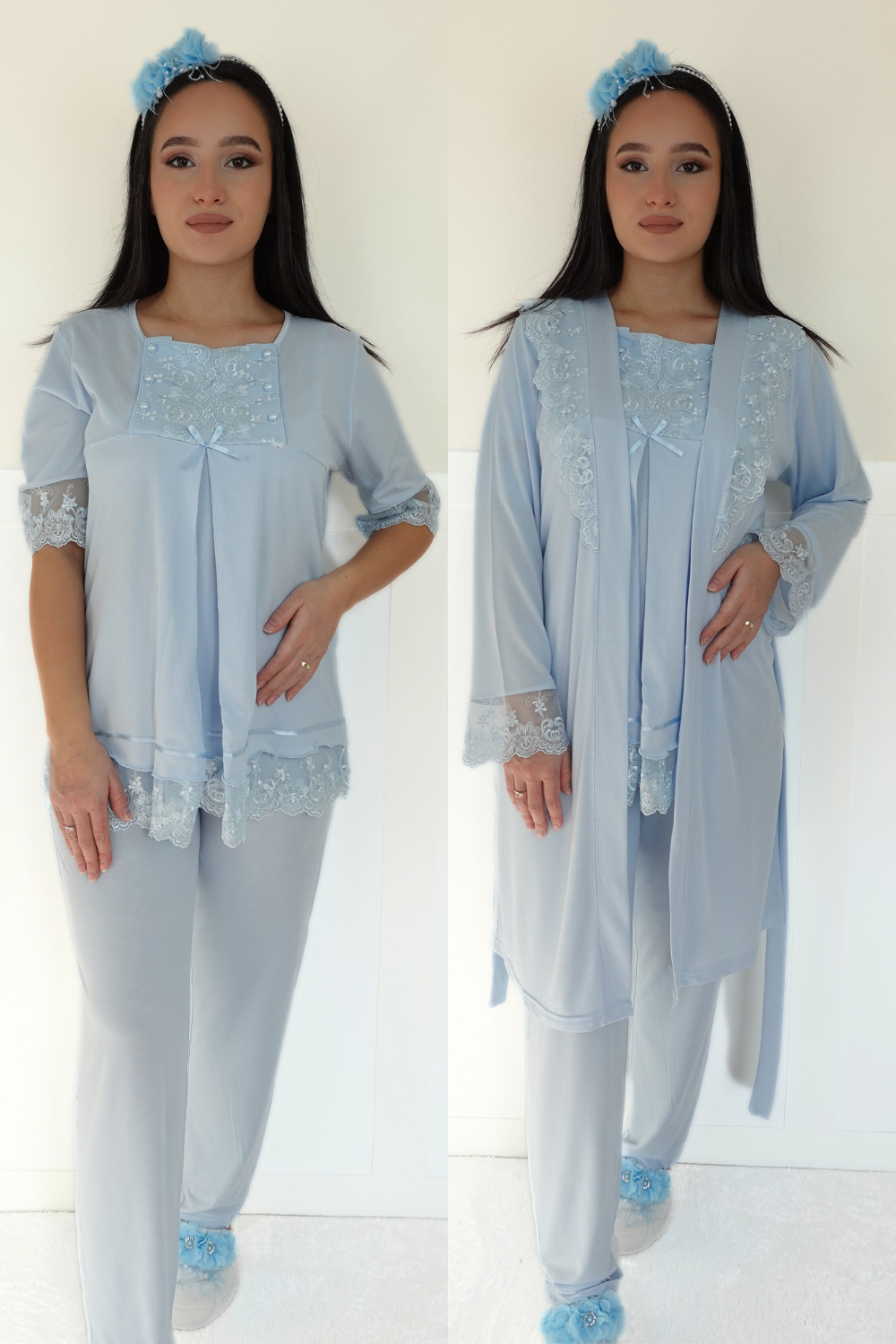 Akel Mavi Sabahlıklı Lohusa Pijama