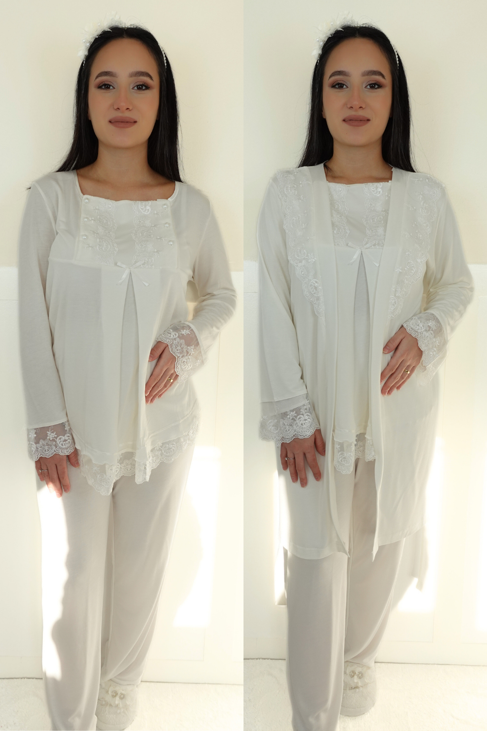 Alasya Model Ekru Sabahlıklı Lohusa Pijama