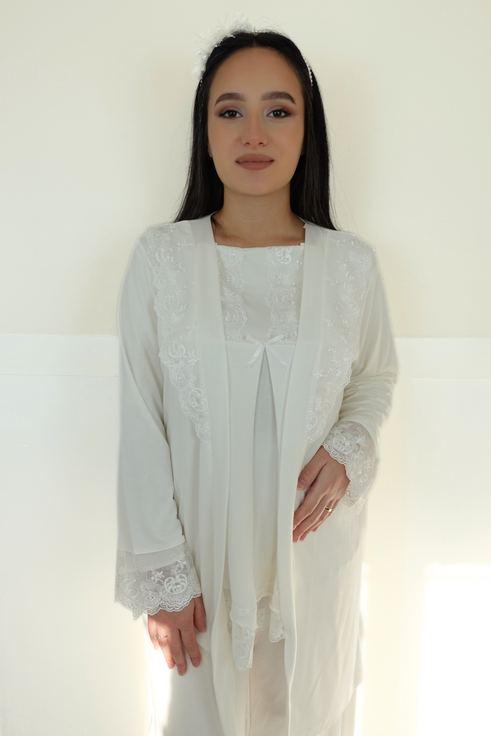 Alasya Model Ekru Sabahlıklı Lohusa Pijama