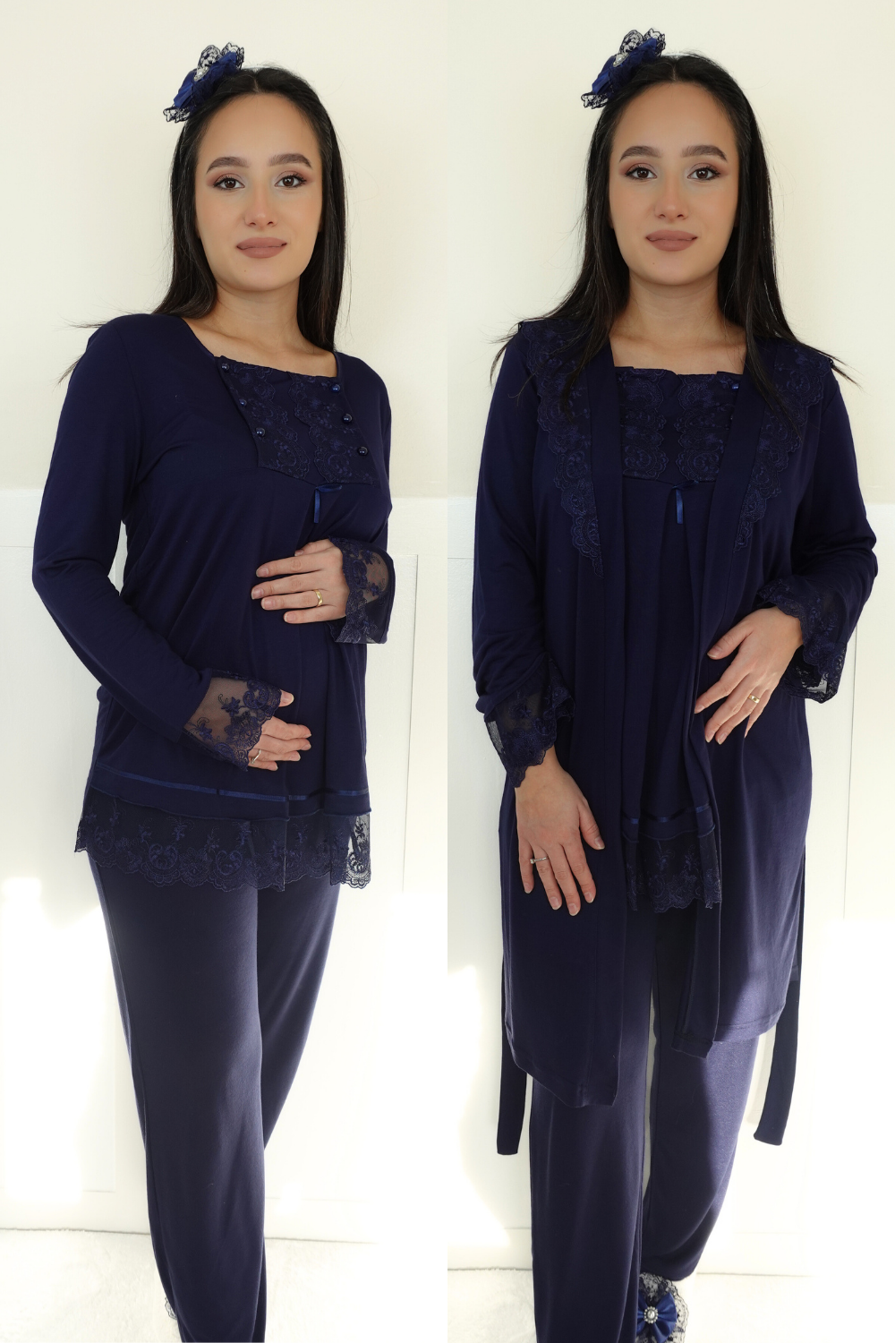 Alasya Model Lacivert Sabahlıklı Lohusa Pijama
