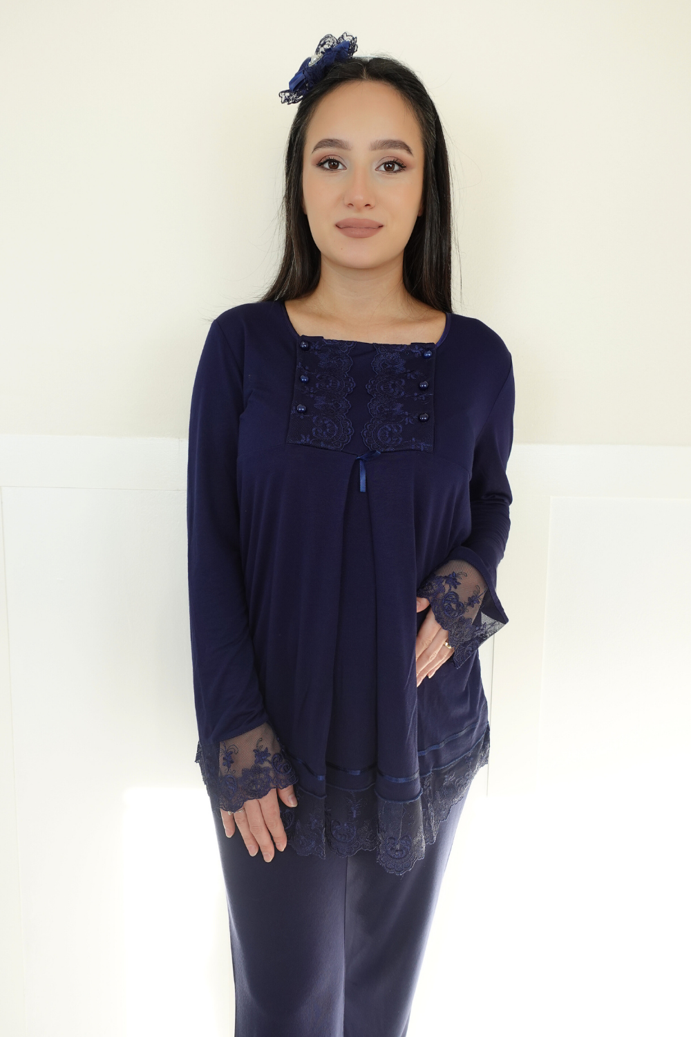 Alasya Model Lacivert Sabahlıklı Lohusa Pijama