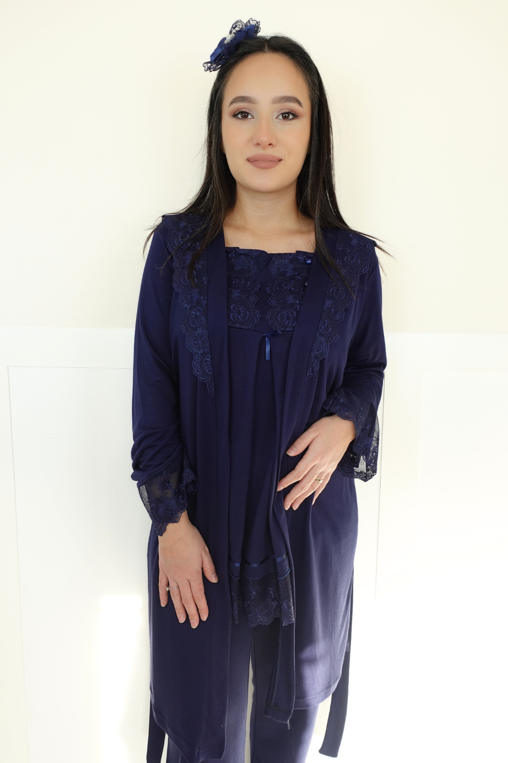 Alasya Model Lacivert Sabahlıklı Lohusa Pijama