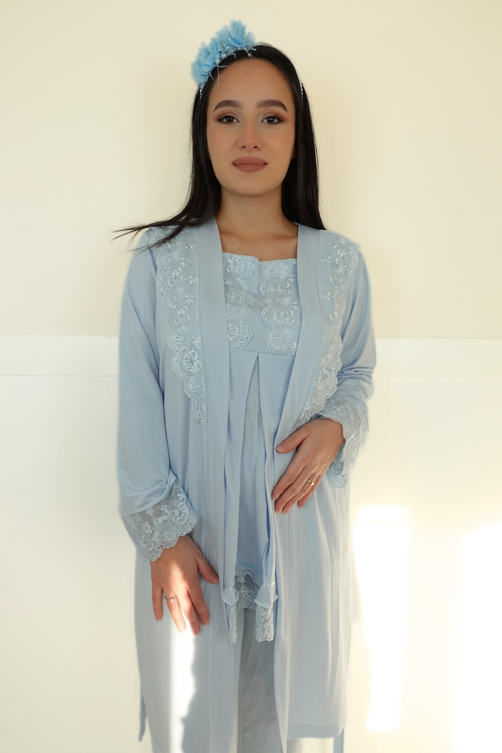 Alasya Model Mavi Sabahlıklı Lohusa Pijama