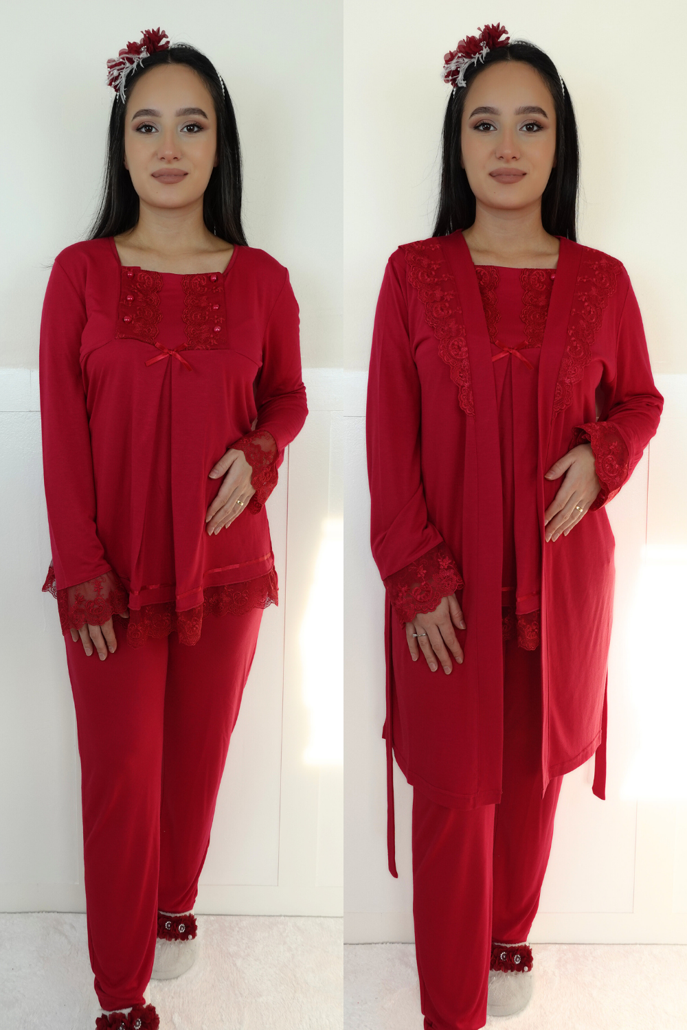 Alasya Model Vişne Sabahlıklı Lohusa Pijama