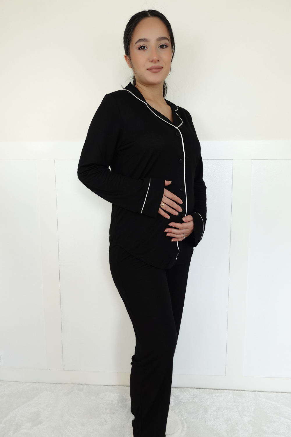 Barre Model Siyah Önden Düğmeli Lohusa Pijama Takım