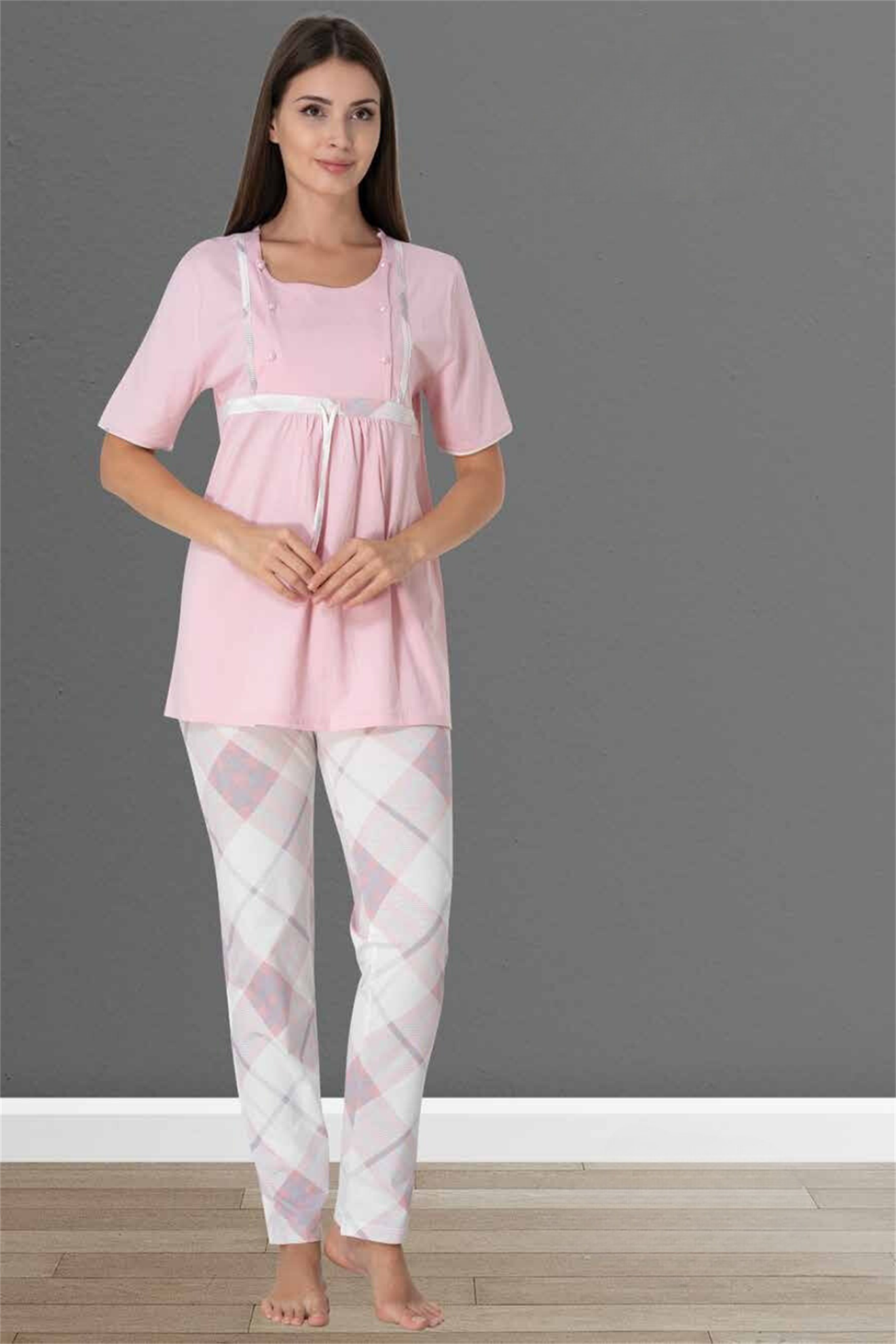Bera Pudra Ekose Desenli Lohusa Pijama