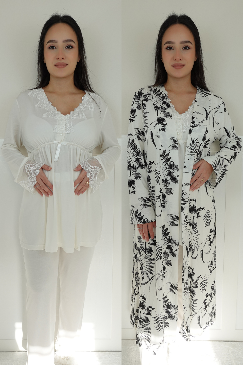 Bonar Model Ekru Sabahlıklı Lohusa Pijama