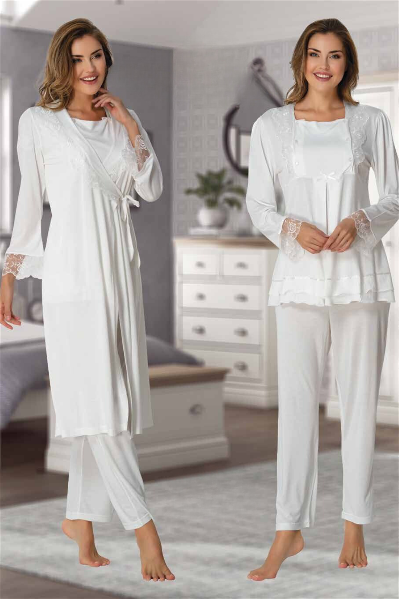 Effortt 2018 Ekru Sabahlıklı Lohusa Pijama