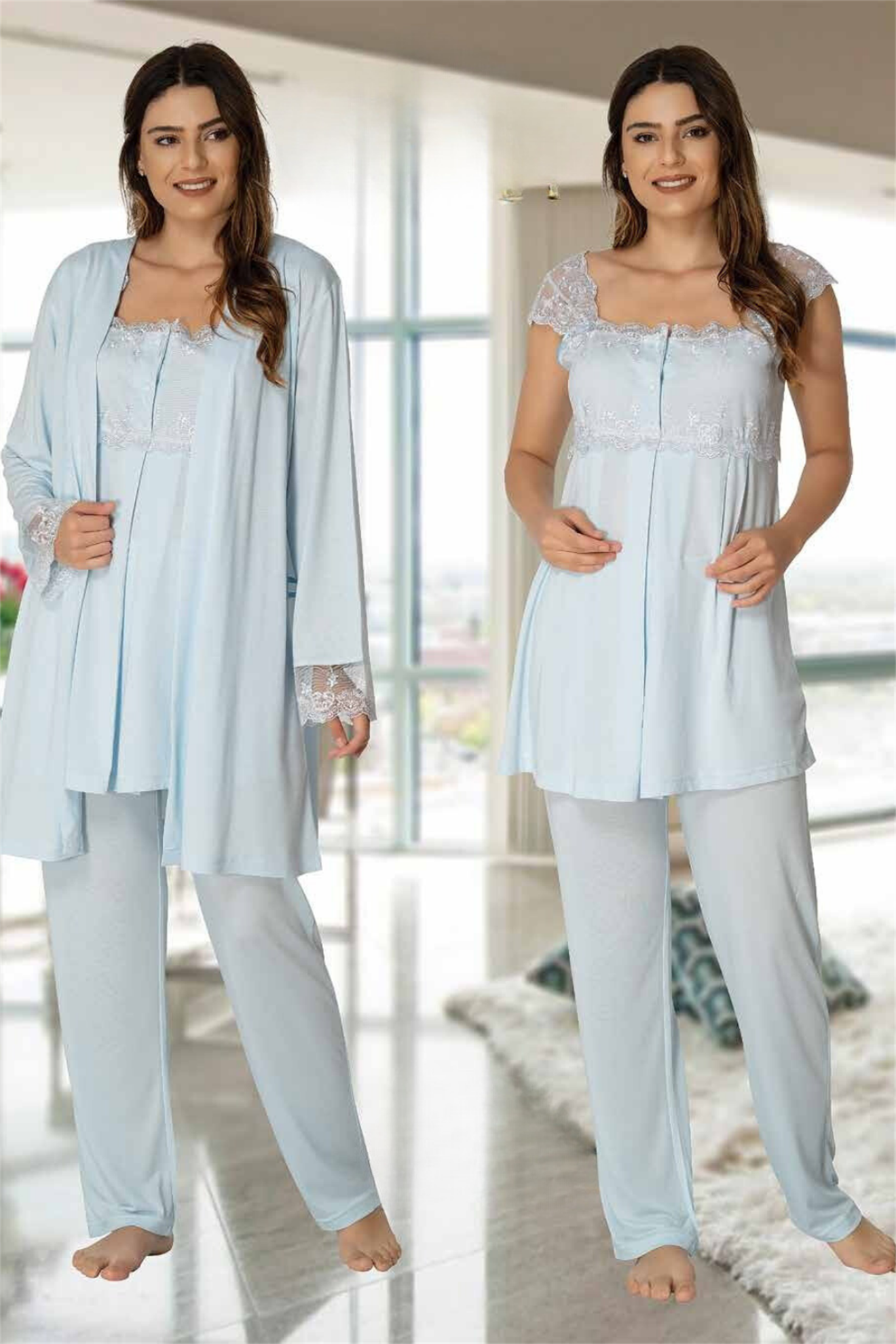 Effortt 2301 Mavi Sabahlıklı Lohusa Pijama