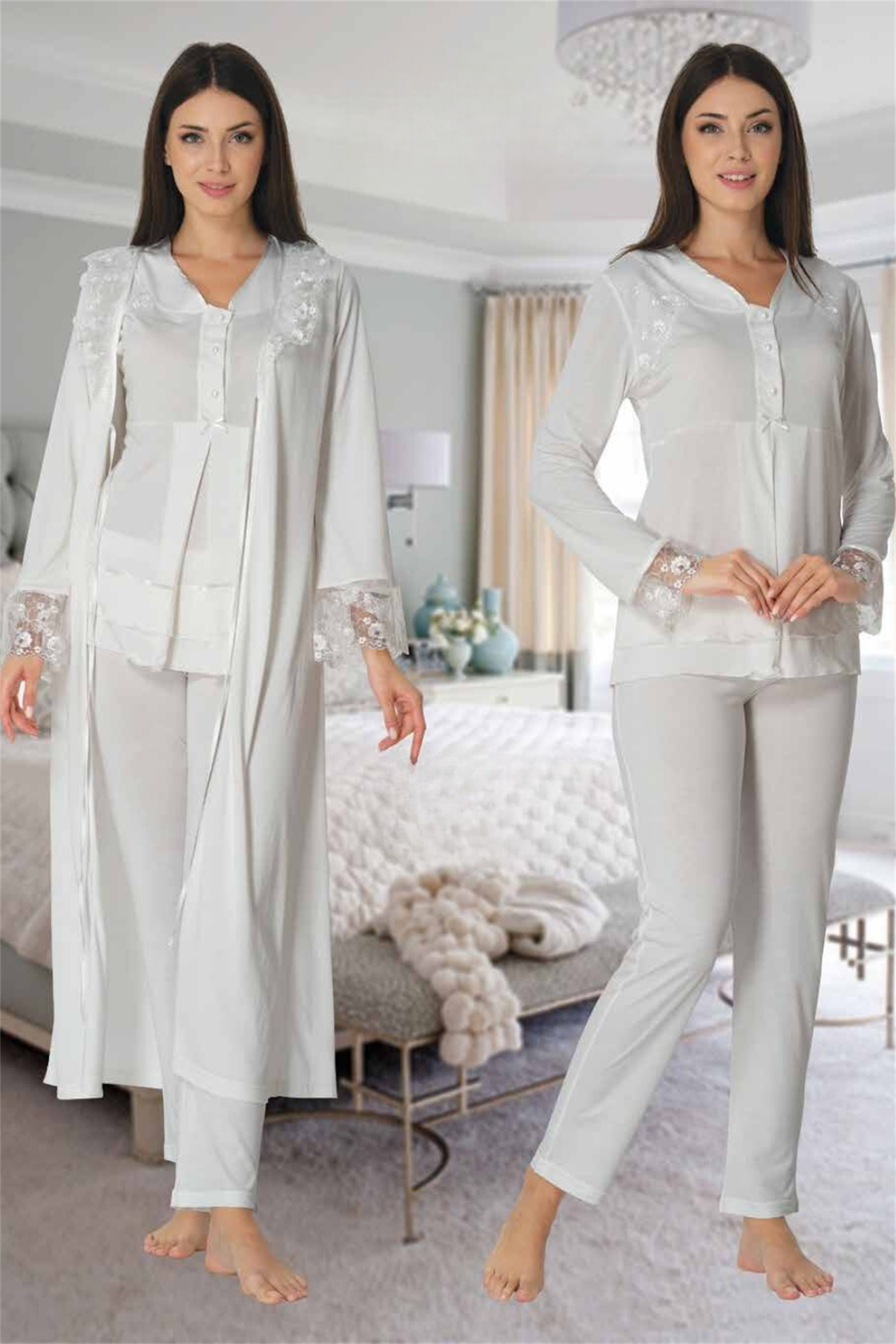 Effortt 2424 Ekru Sabahlıklı Lohusa Pijama