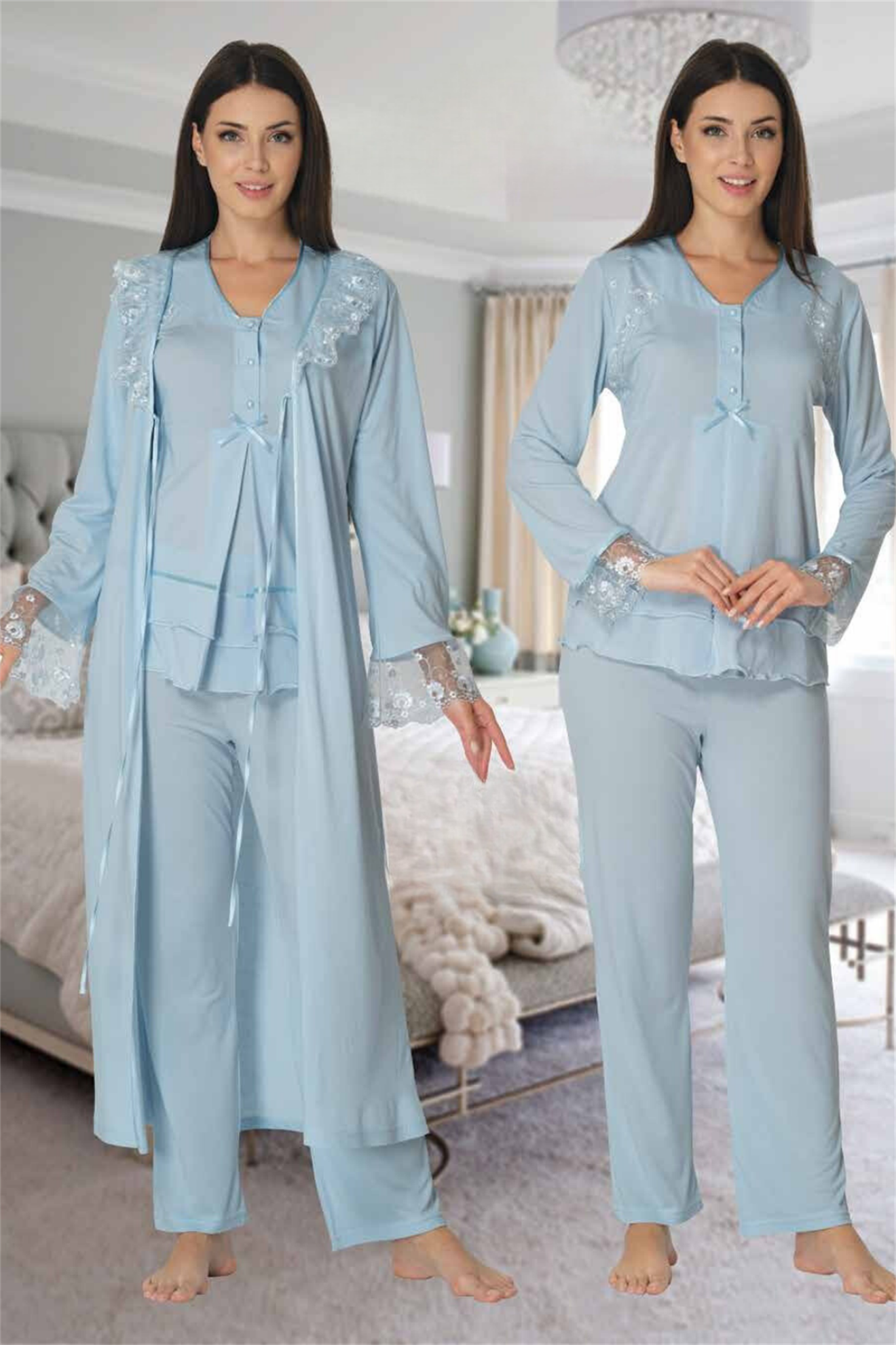 Effortt 2424 Mavi Sabahlıklı Lohusa Pijama