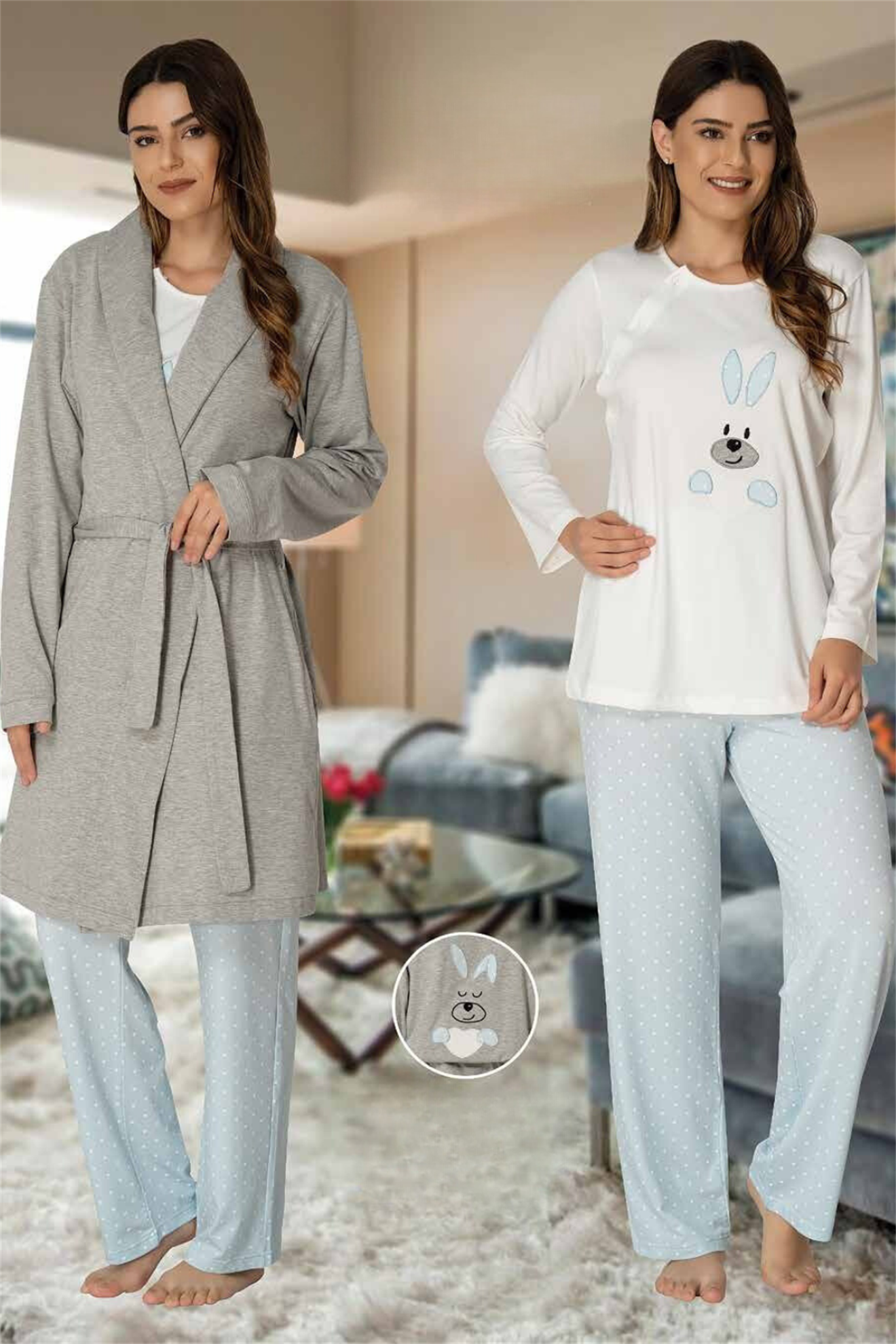 Effortt 3090 Mavi  Tavşan Desenli Sabahlıklı Lohusa Pijama