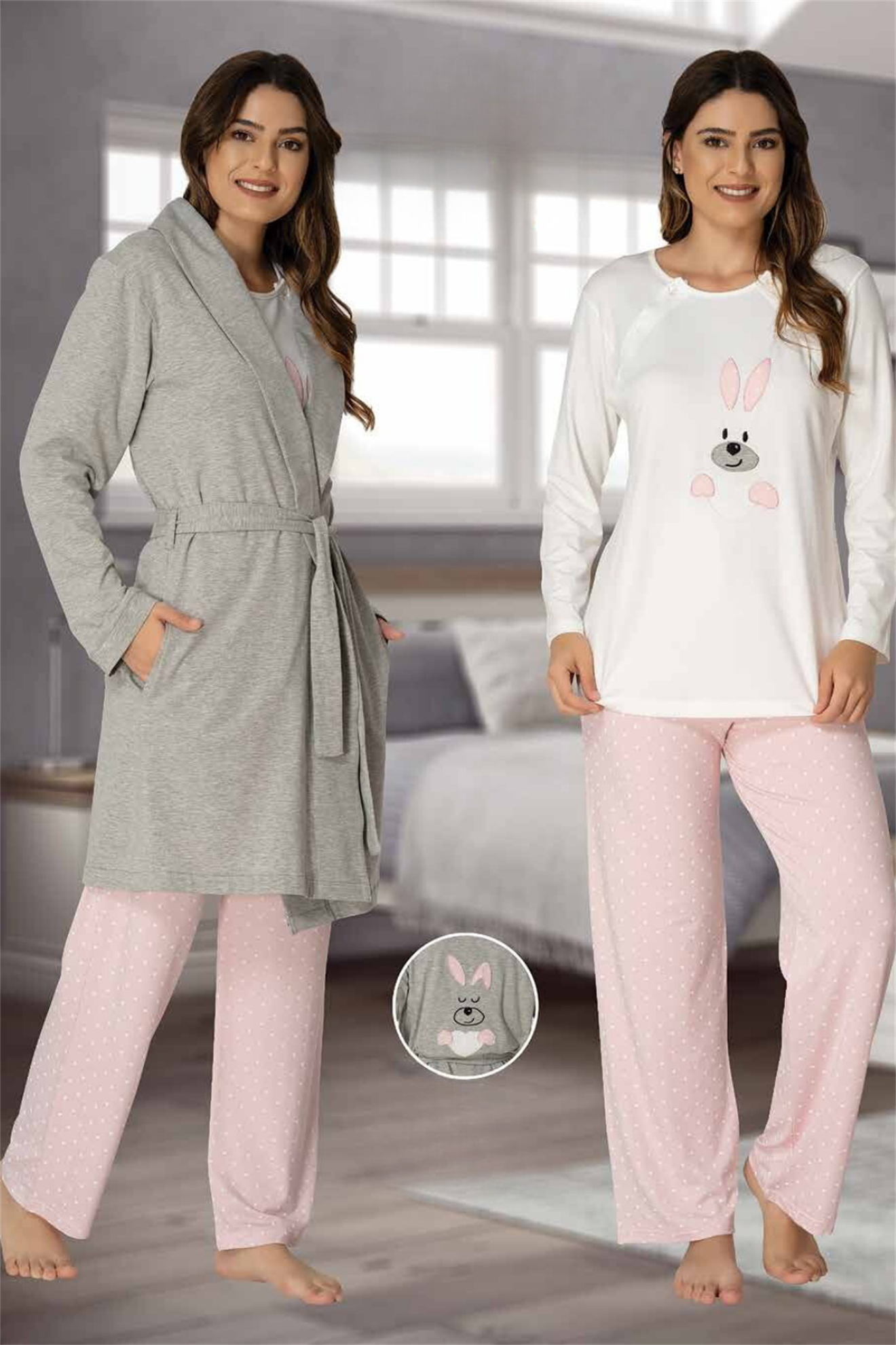 Effortt 3090 Pembe Tavşan Desenli Sabahlıklı Lohusa Pijama