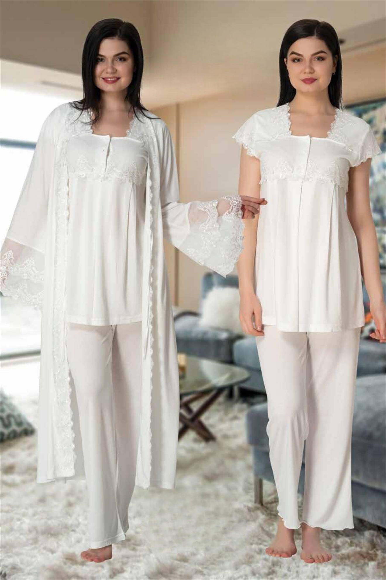 Effortt 5011 Ekru Sabahlıklı Lohusa Pijama
