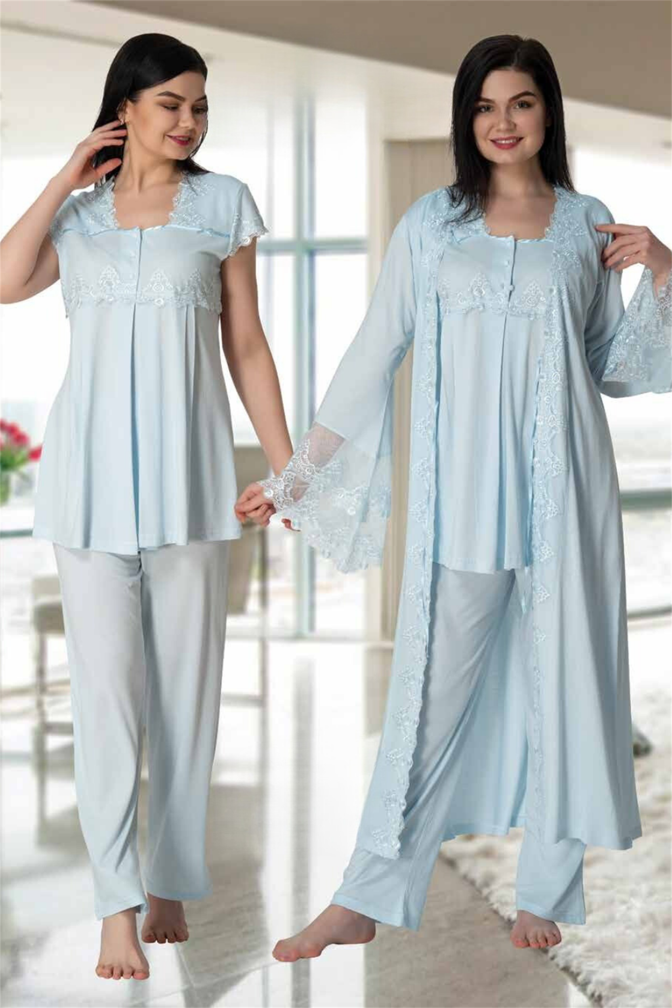Effortt 5011 Mavi Sabahlıklı Lohusa Pijama