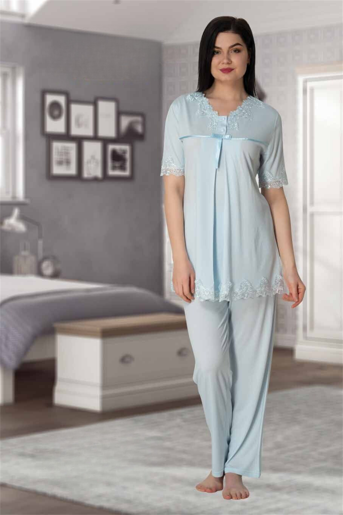 Effortt 5032 Mavi Dantel Yakalı Lohusa Pijama