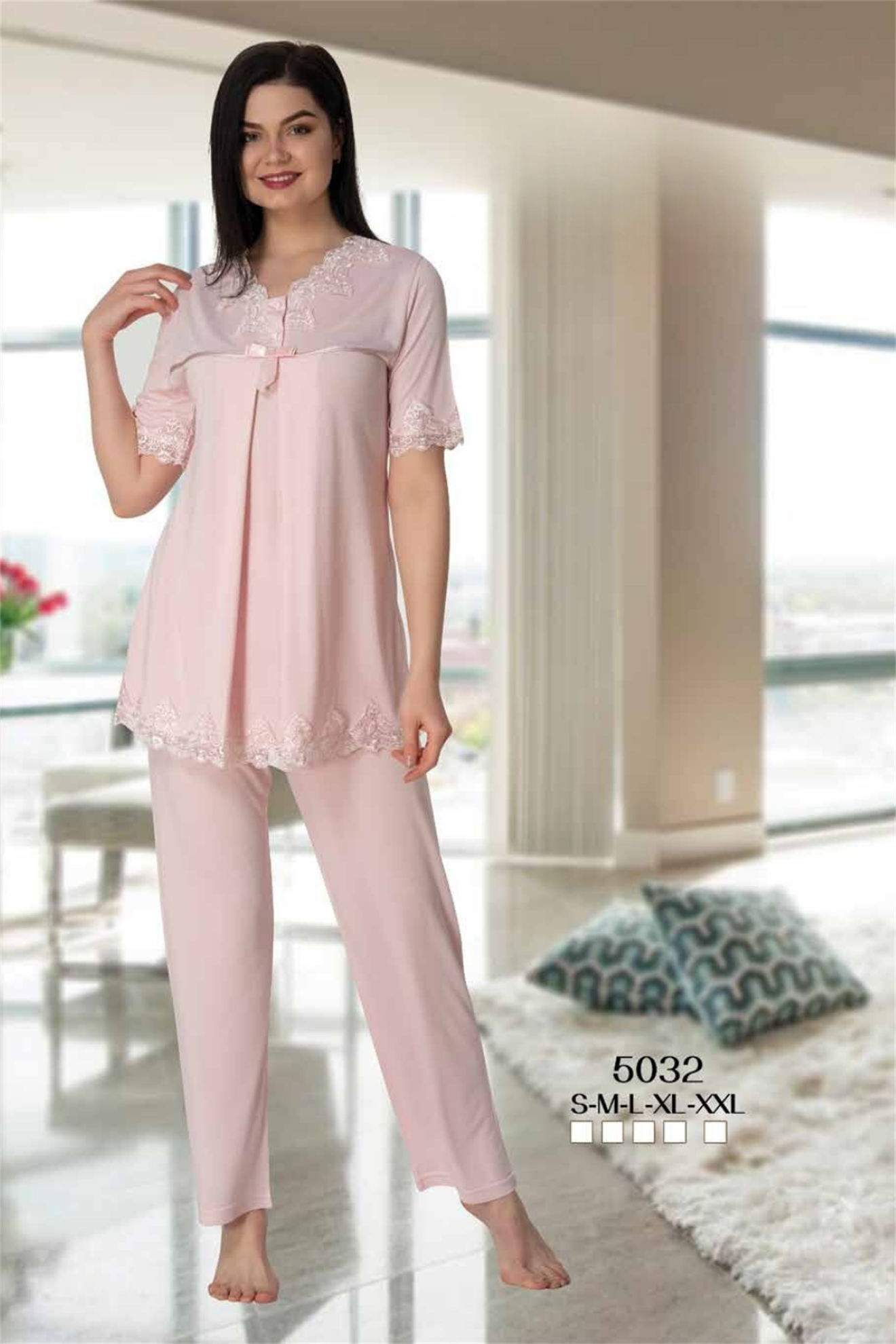 Effortt 5032 Pembe Dantel Yakalı Lohusa Pijama