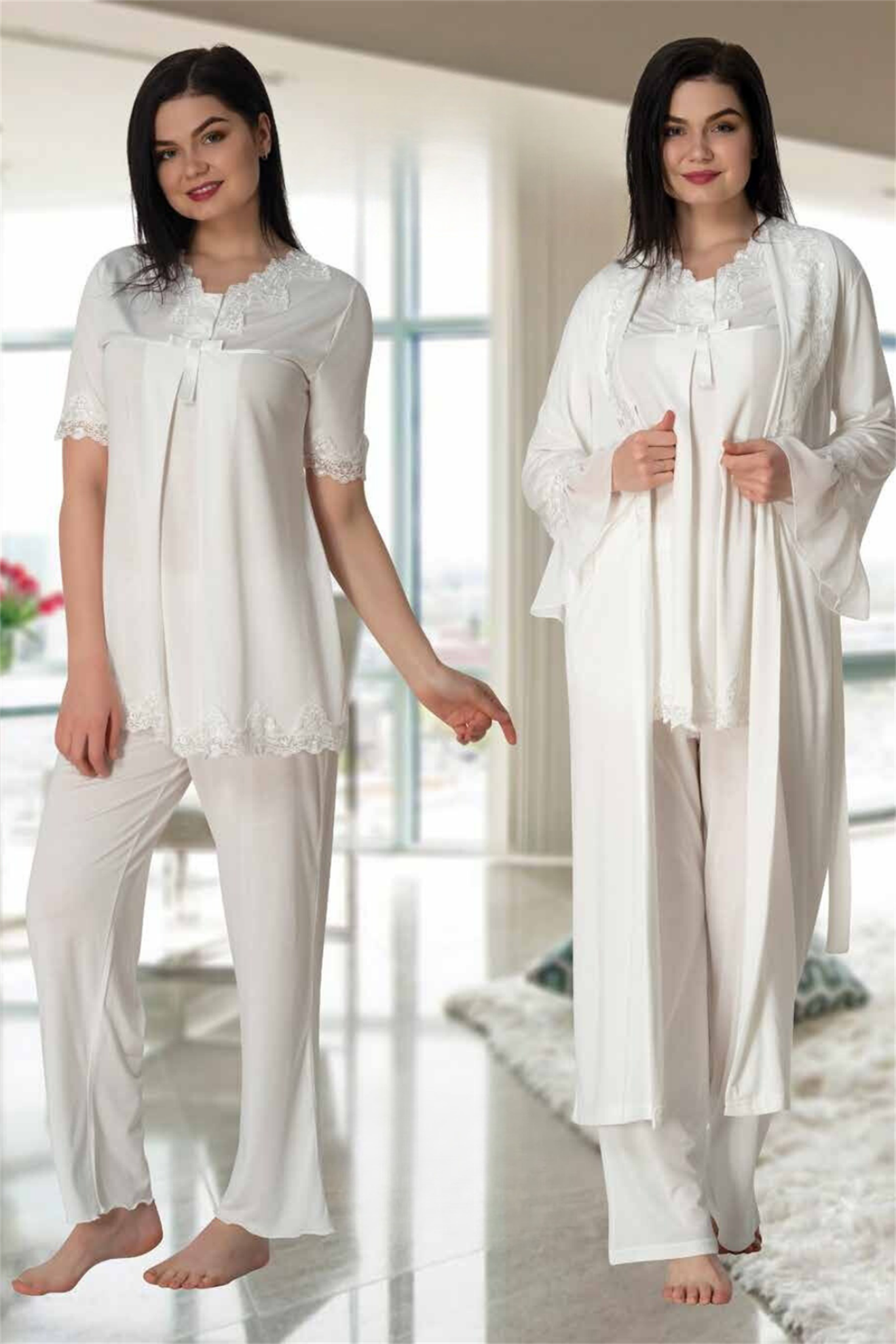 Effortt 5034 Ekru Dantel Yaka Sabahlıklı Lohusa Pijama