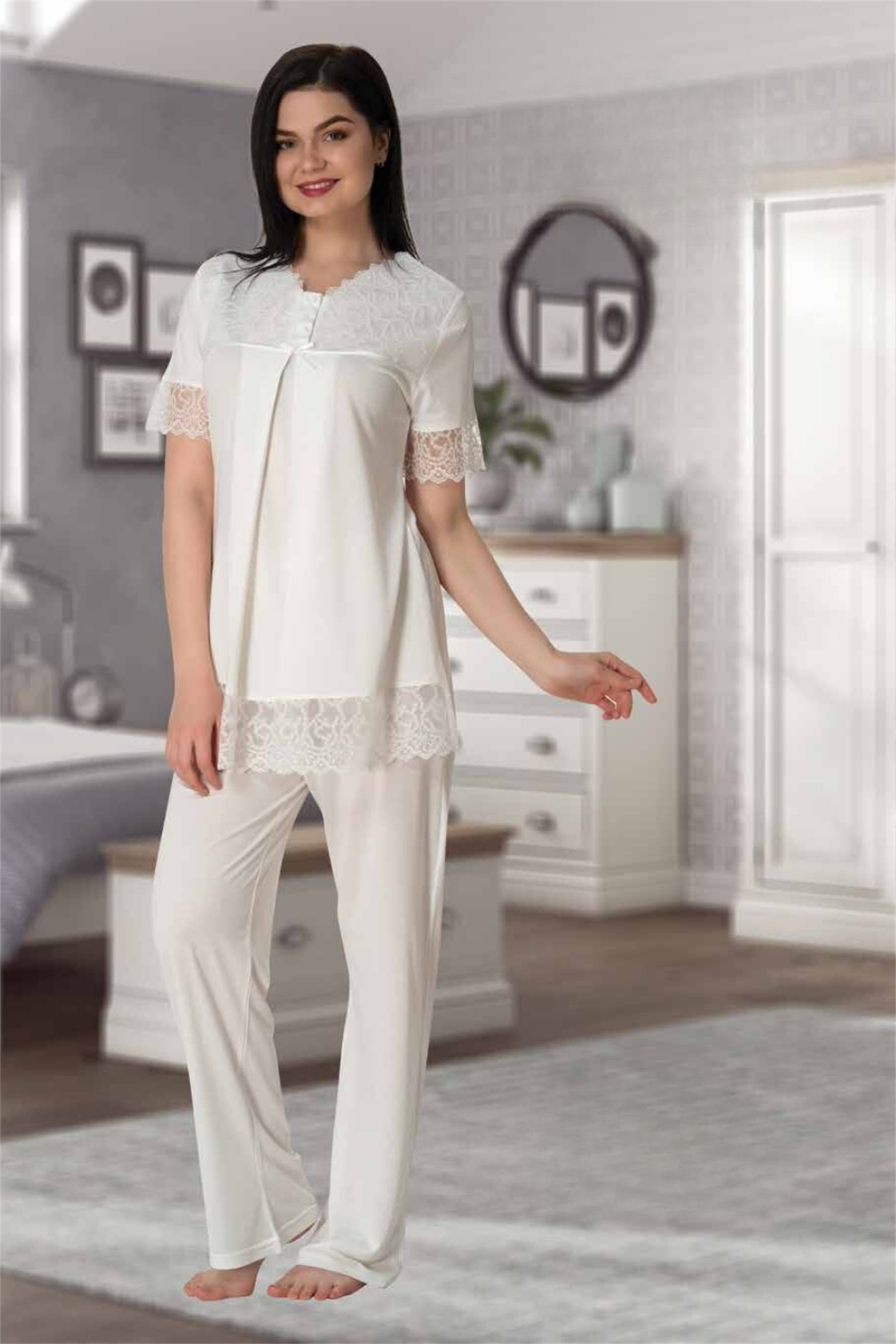 Effortt 5042 Ekru Güpür Detaylı Lohusa Pijama