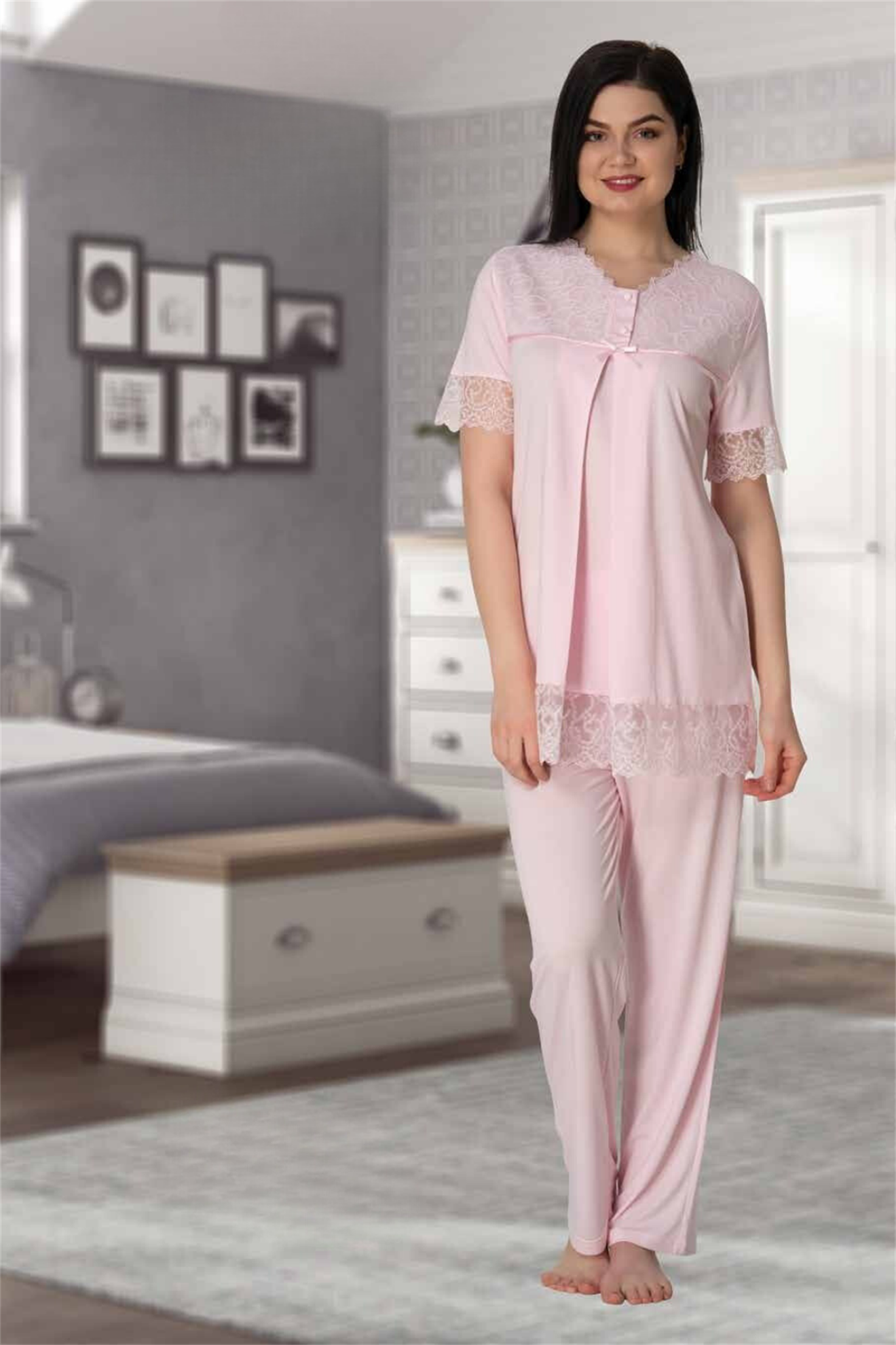 Effortt 5042 Pembe Güpür Detaylı Lohusa Pijama