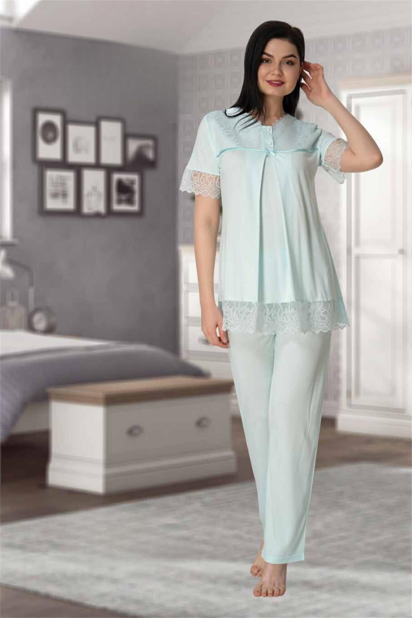 Effortt 5042 SuYeşili Güpür Detaylı Lohusa Pijama