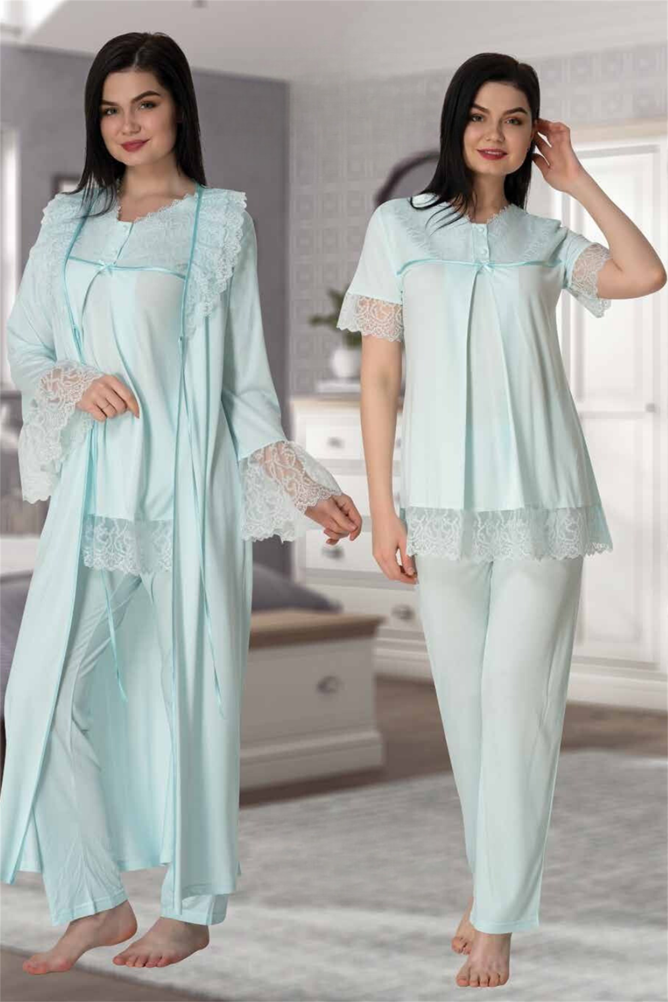 Effortt 5044 SuYeşili Güpür Detaylı Sabahlıklı Lohusa Pijama